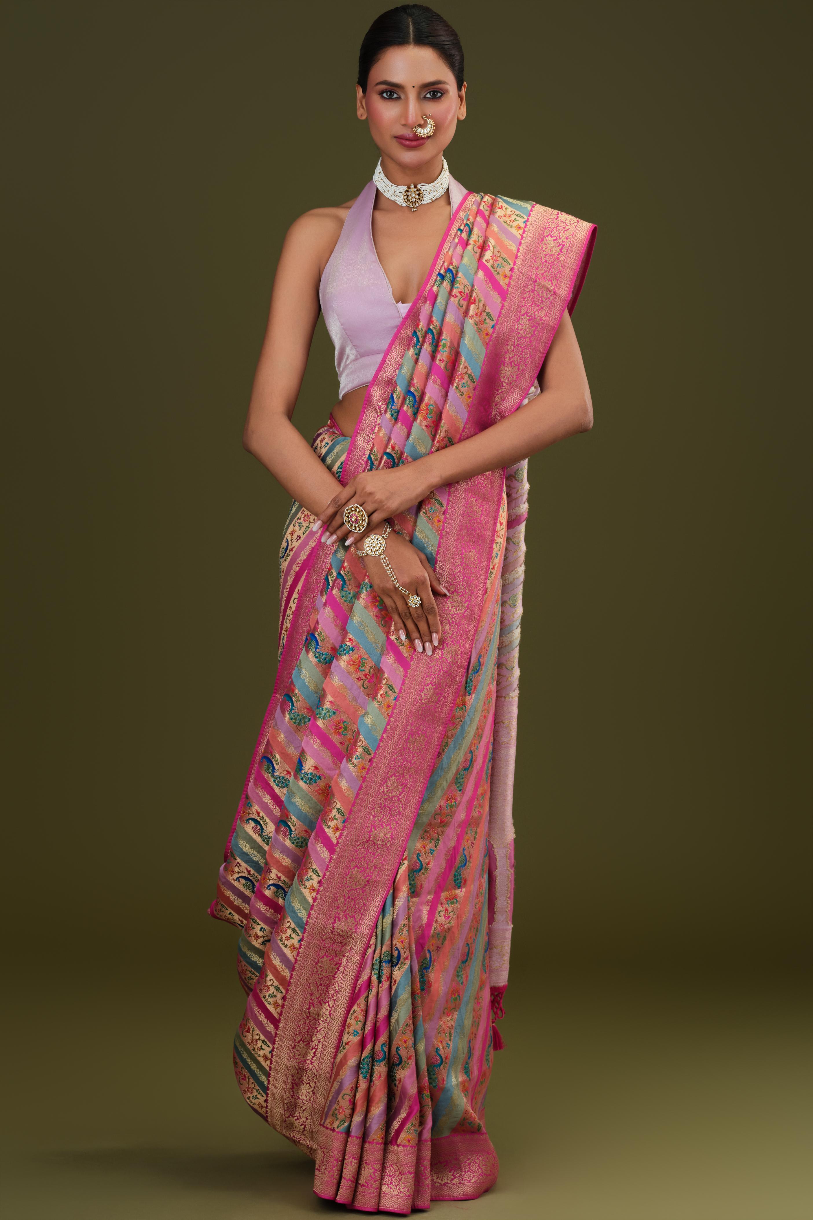 Rose Pink Woven Pure Satin Silk Saree