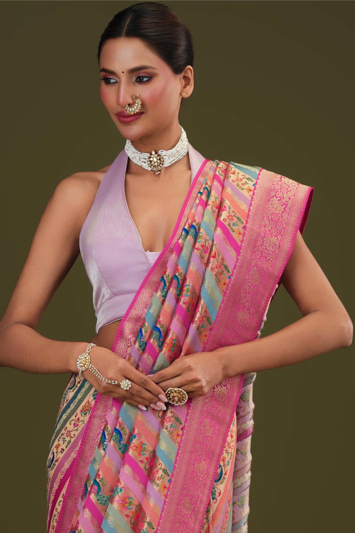 Rose Pink Woven Pure Satin Silk Saree