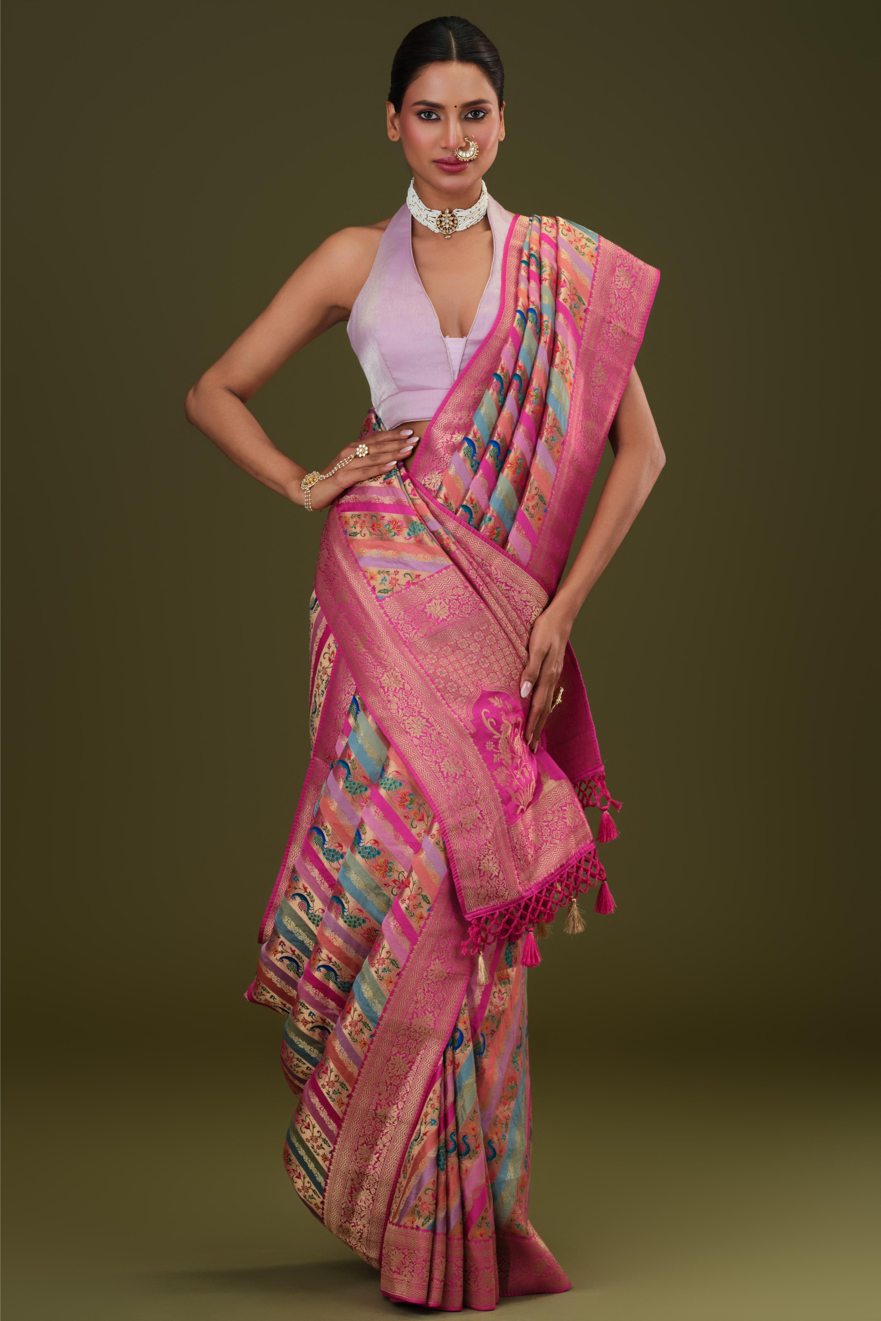 Rose Pink Woven Pure Satin Silk Saree
