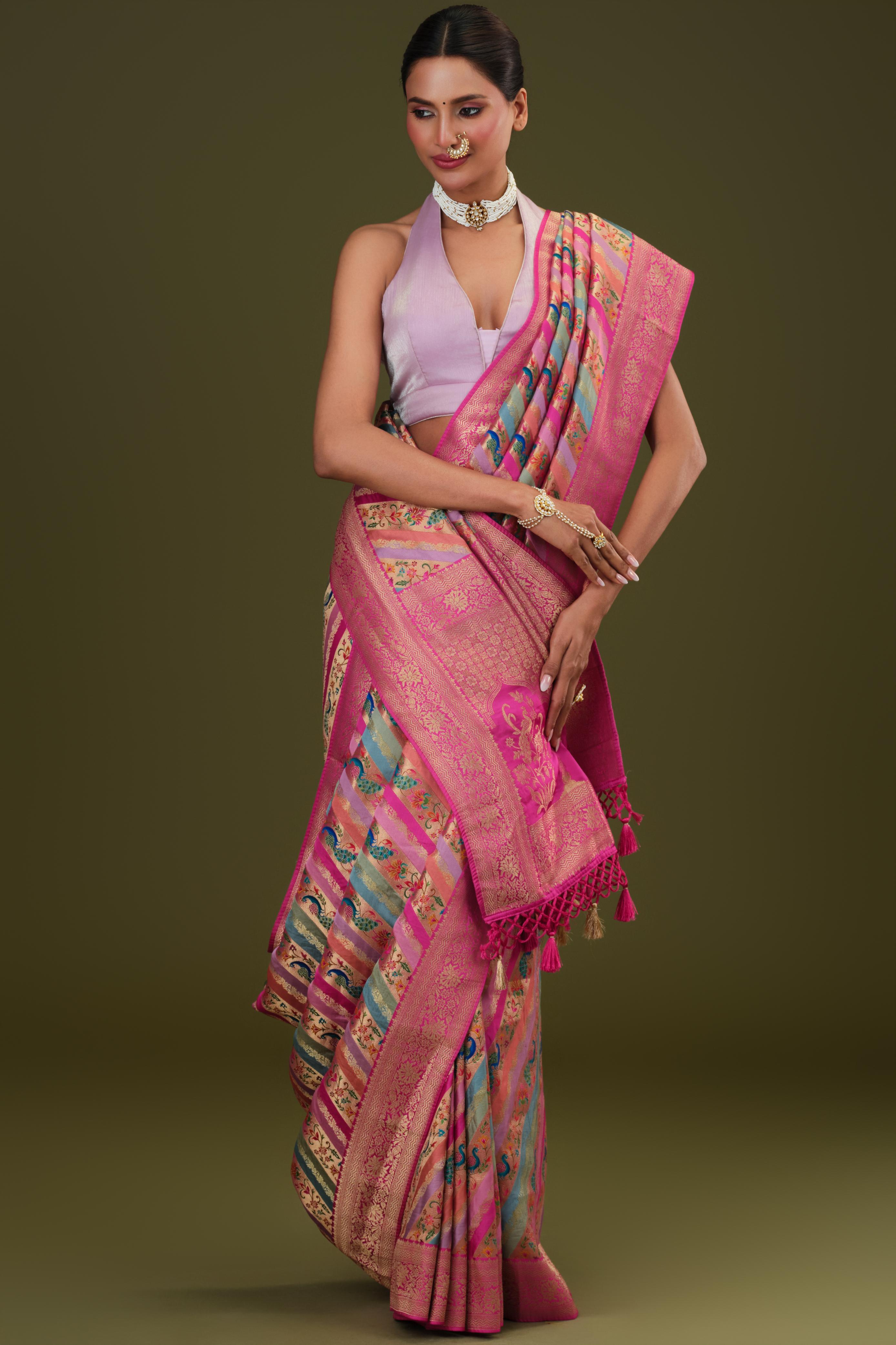 Rose Pink Woven Pure Satin Silk Saree