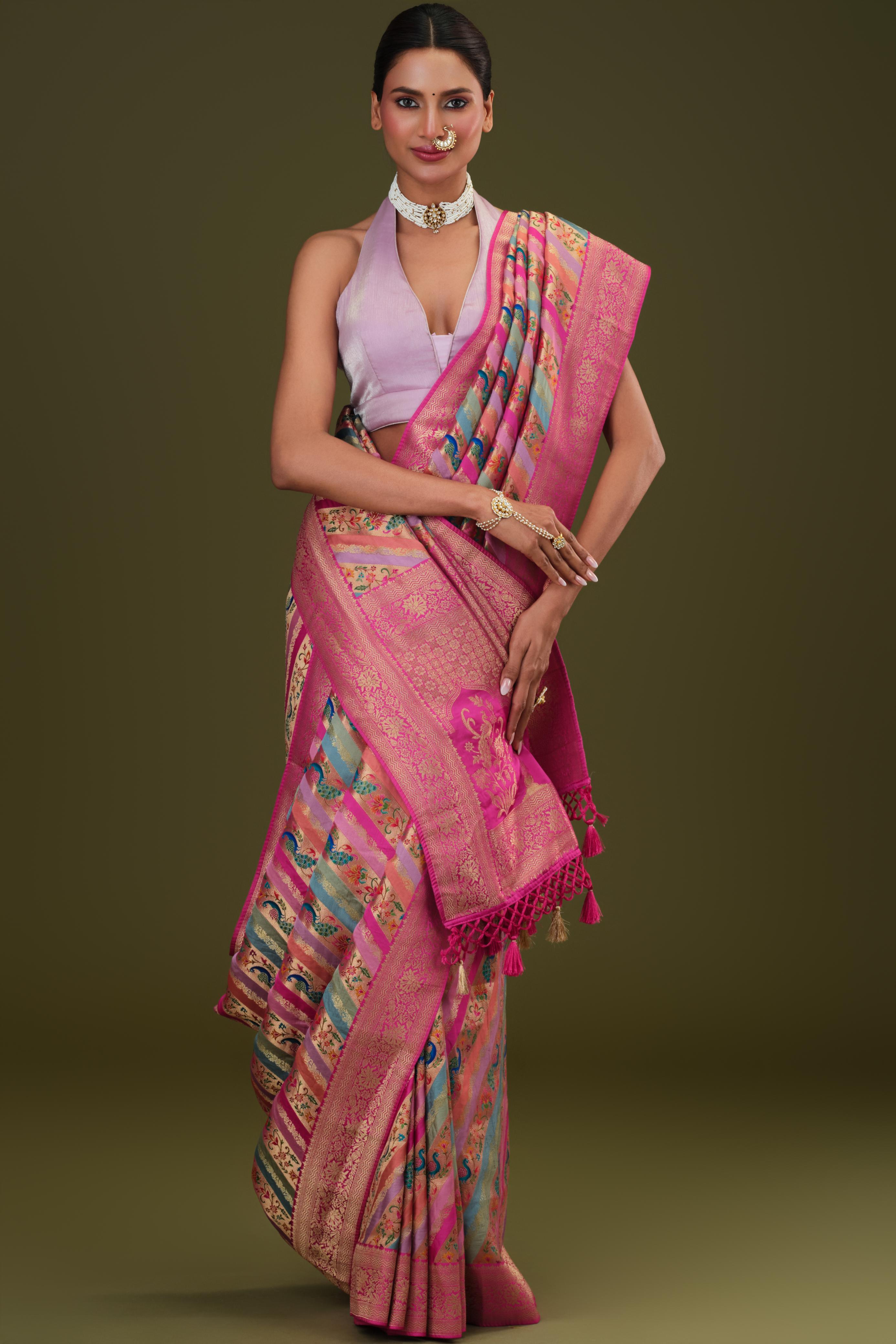 Rose Pink Woven Pure Satin Silk Saree