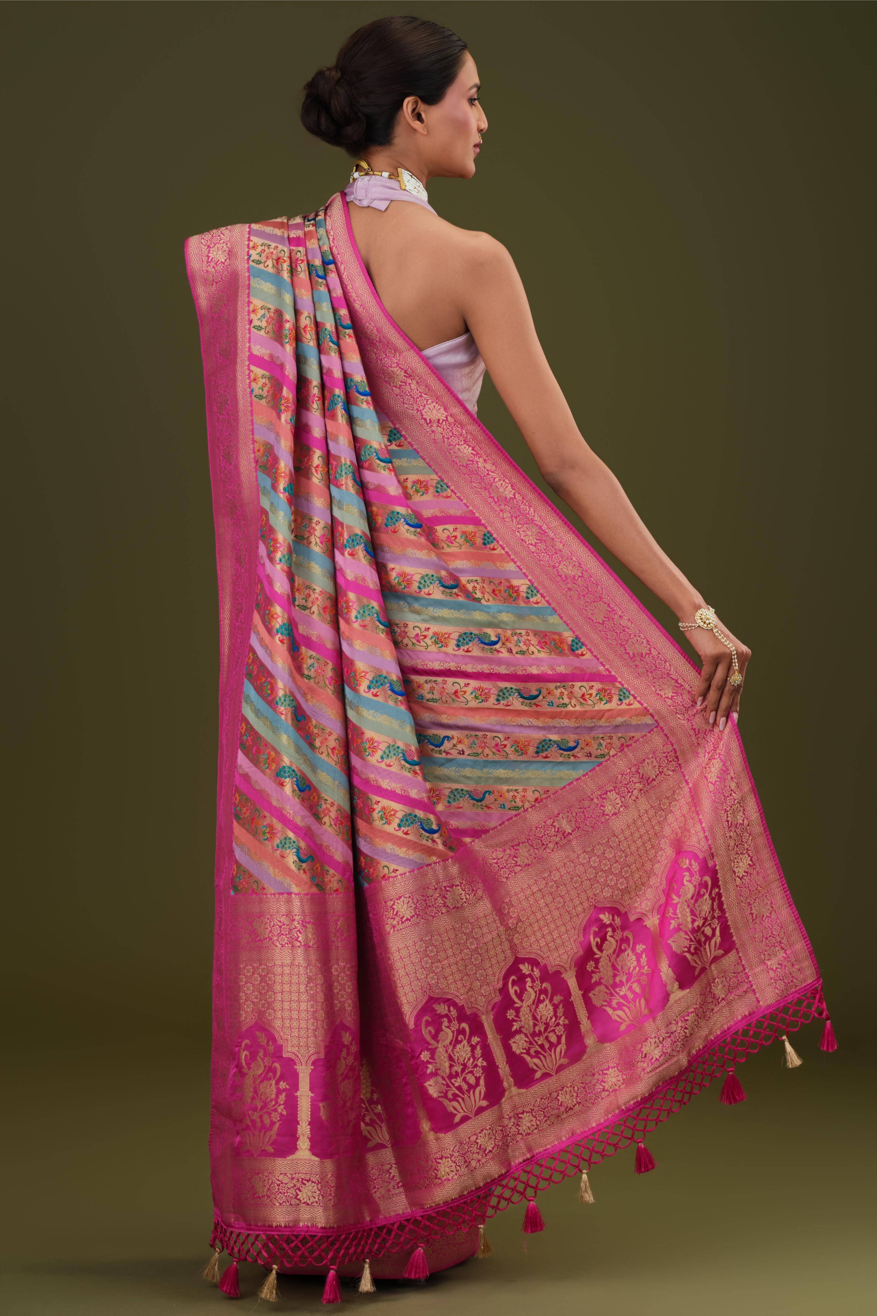 Rose Pink Woven Pure Satin Silk Saree