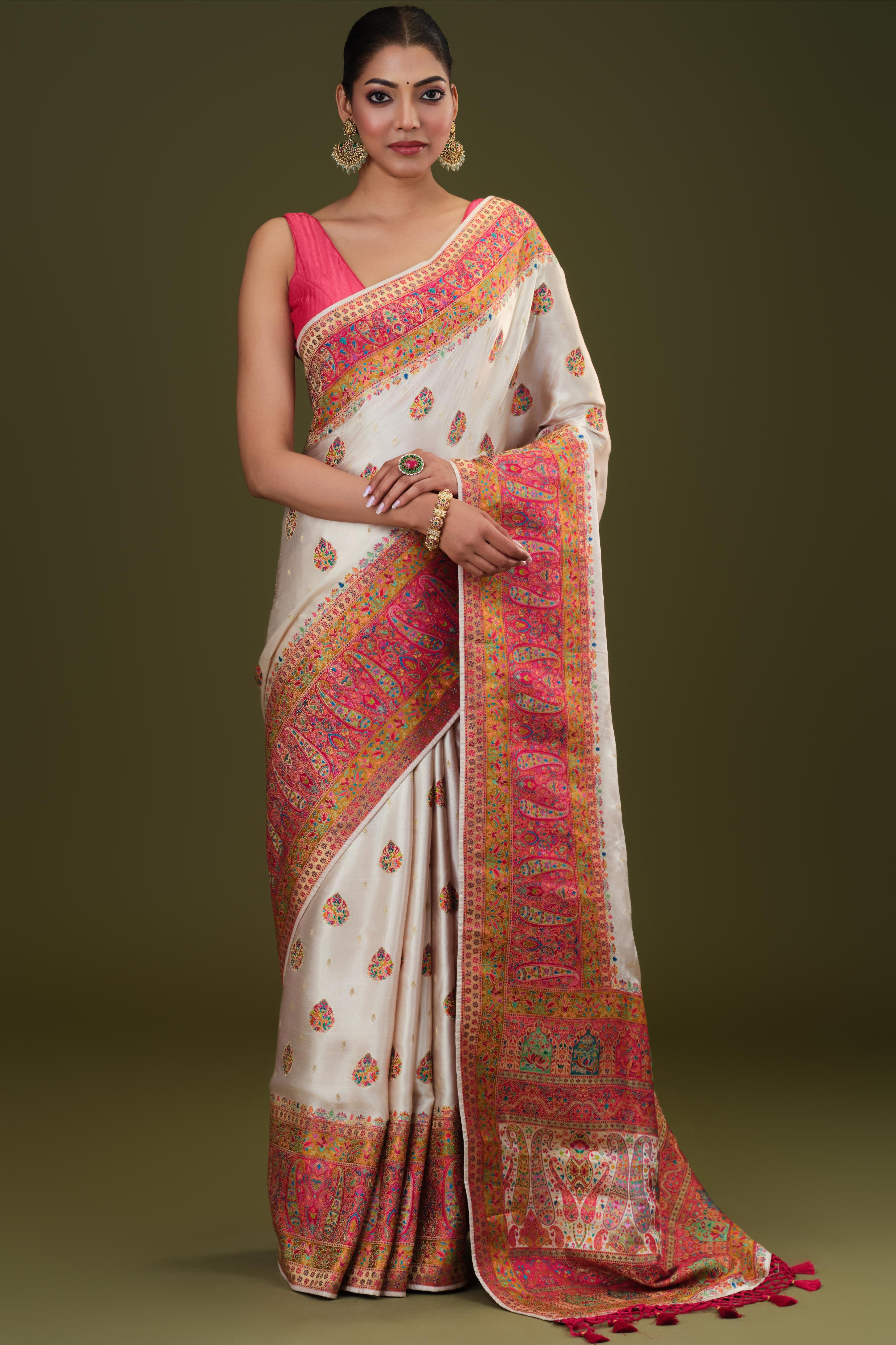 White Woven Pure Satin Silk Saree