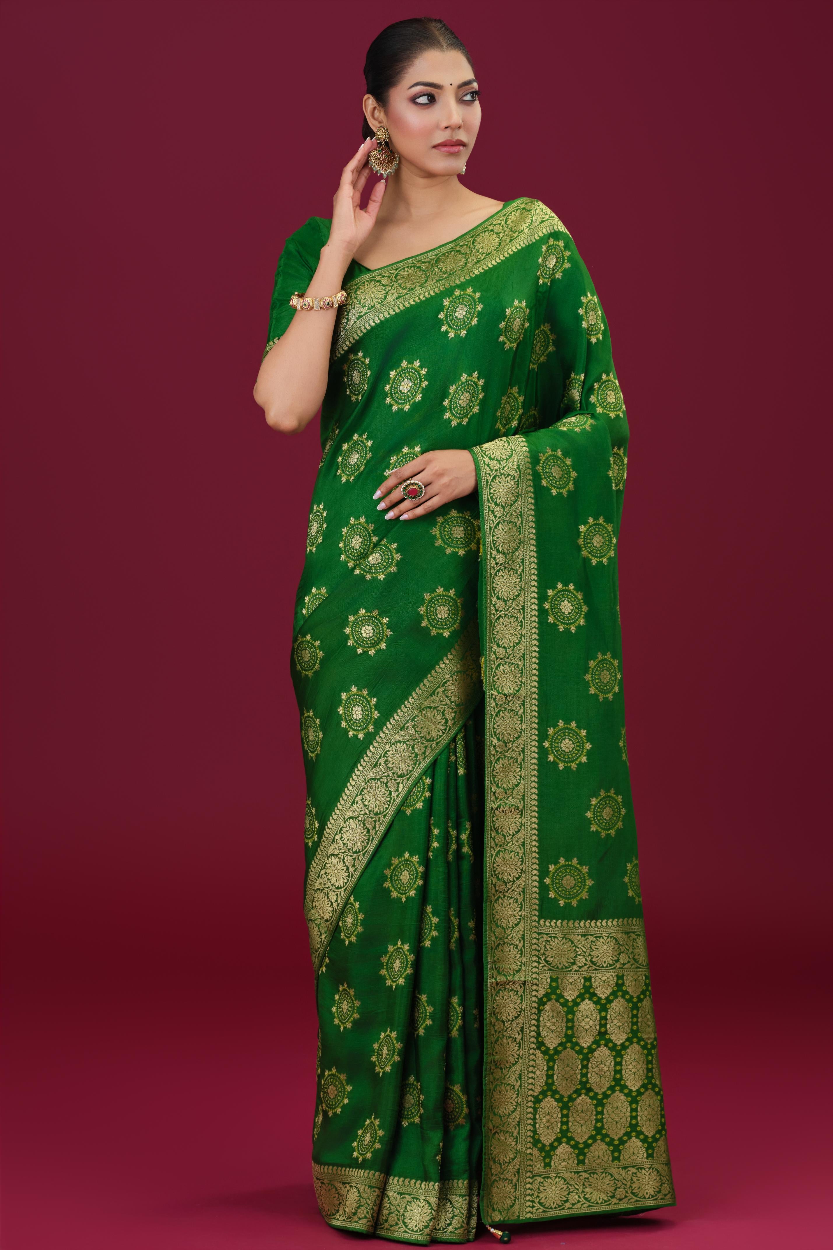 Bright Green Embroidered Dola Silk Saree