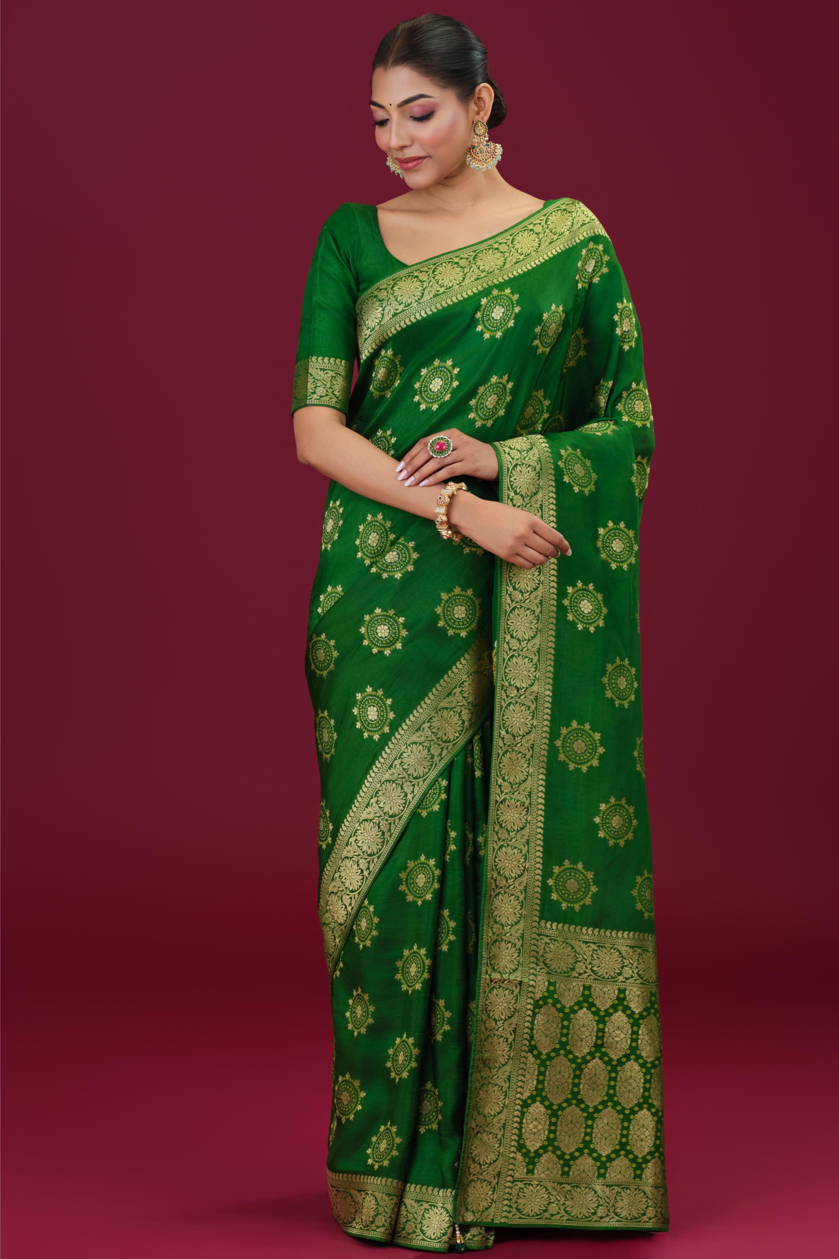 Bright Green Embroidered Dola Silk Saree