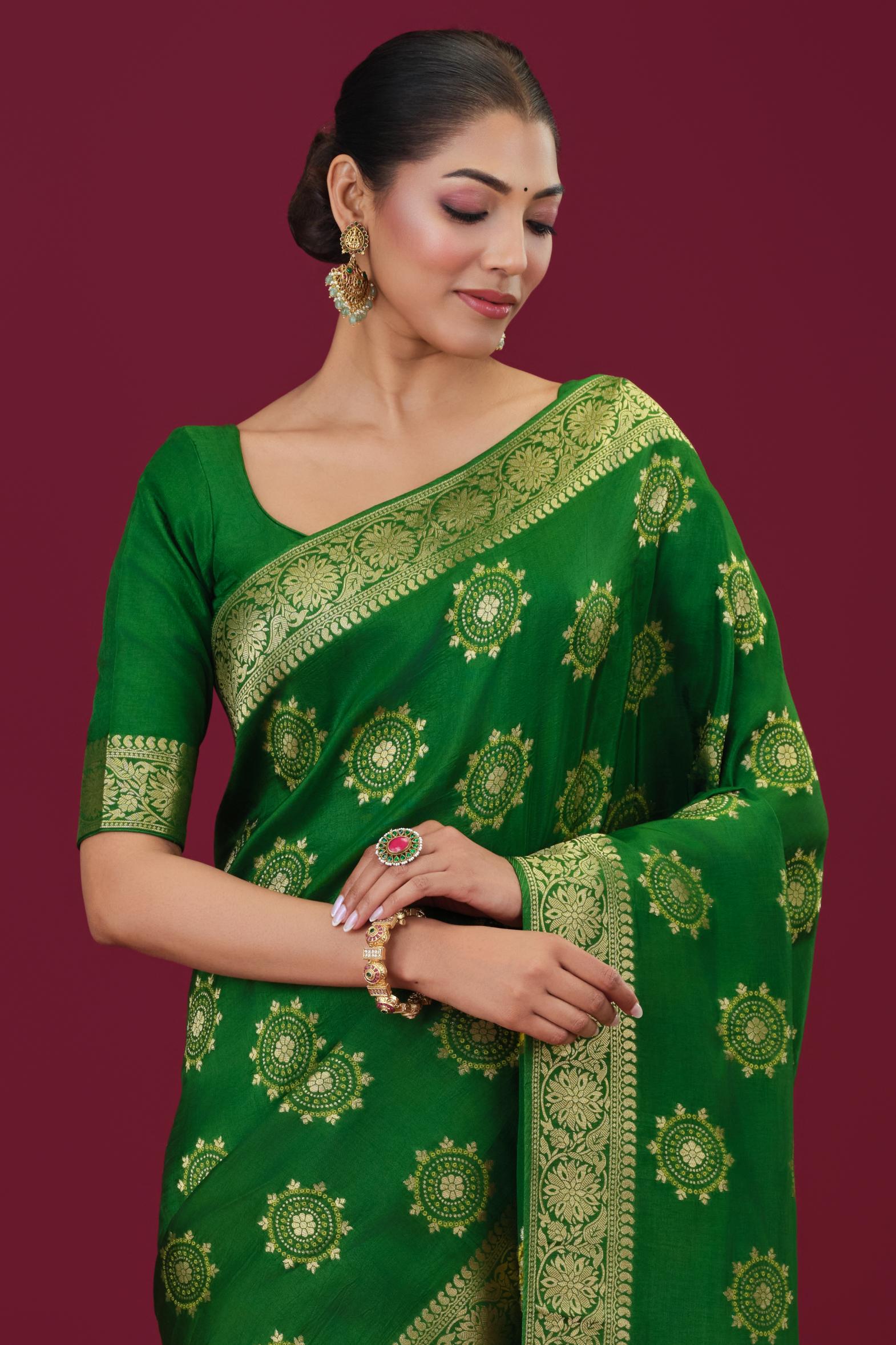 Bright Green Embroidered Dola Silk Saree