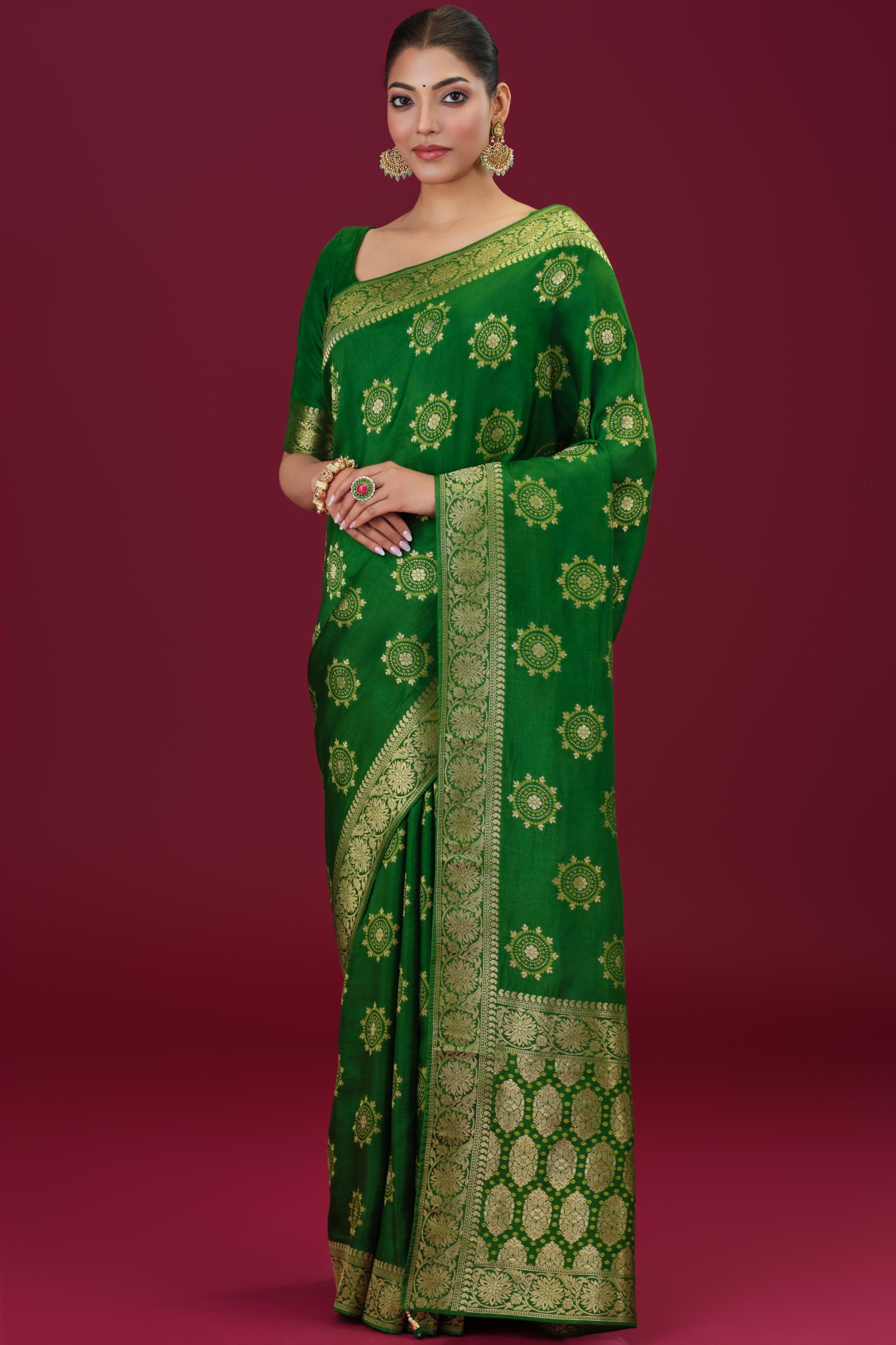 Bright Green Embroidered Dola Silk Saree