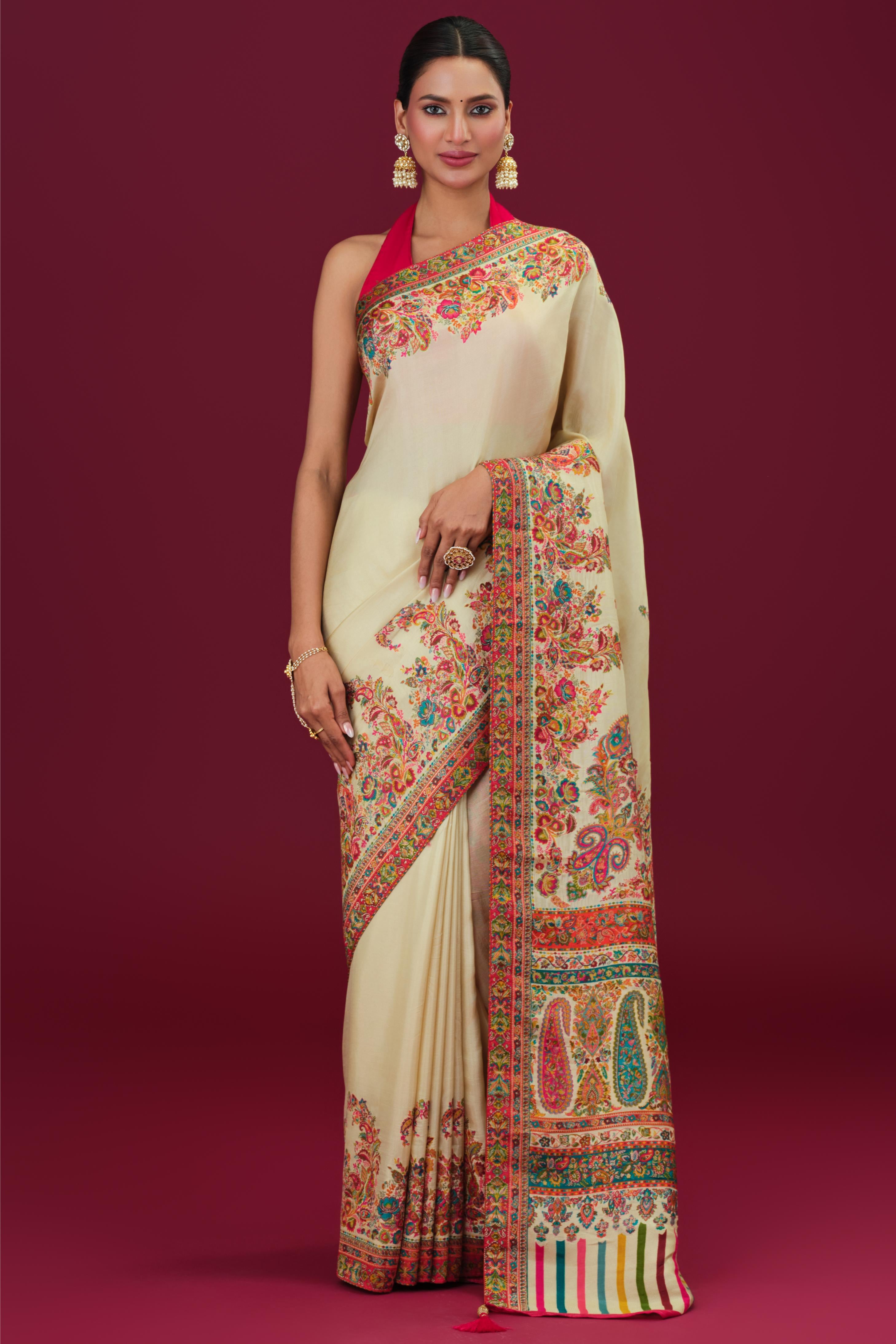 Pale Champagne Embroidered Pashmina Silk Saree