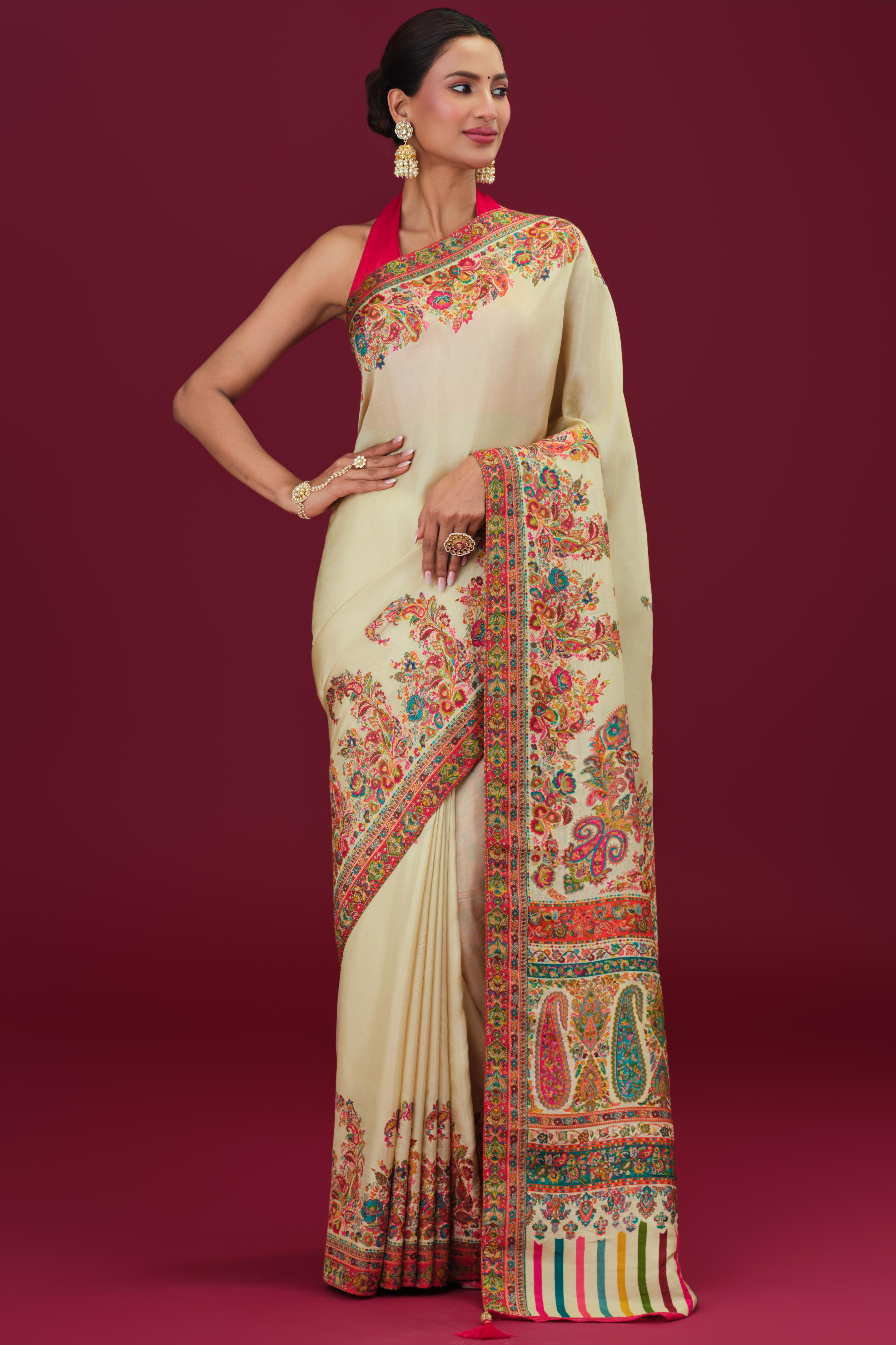Pale Champagne Embroidered Pashmina Silk Saree