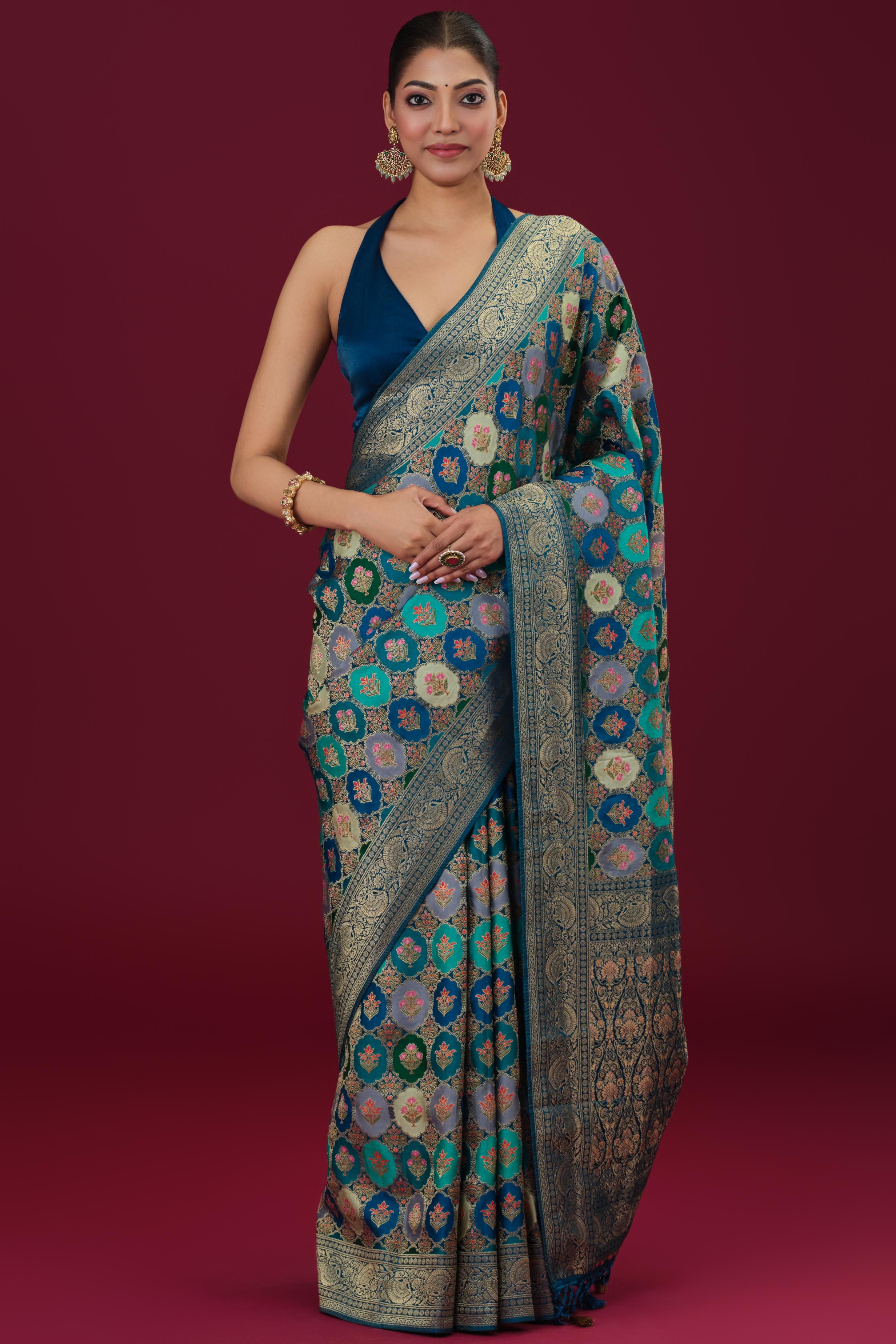 Blue Banarasi Pure Satin Silk Saree