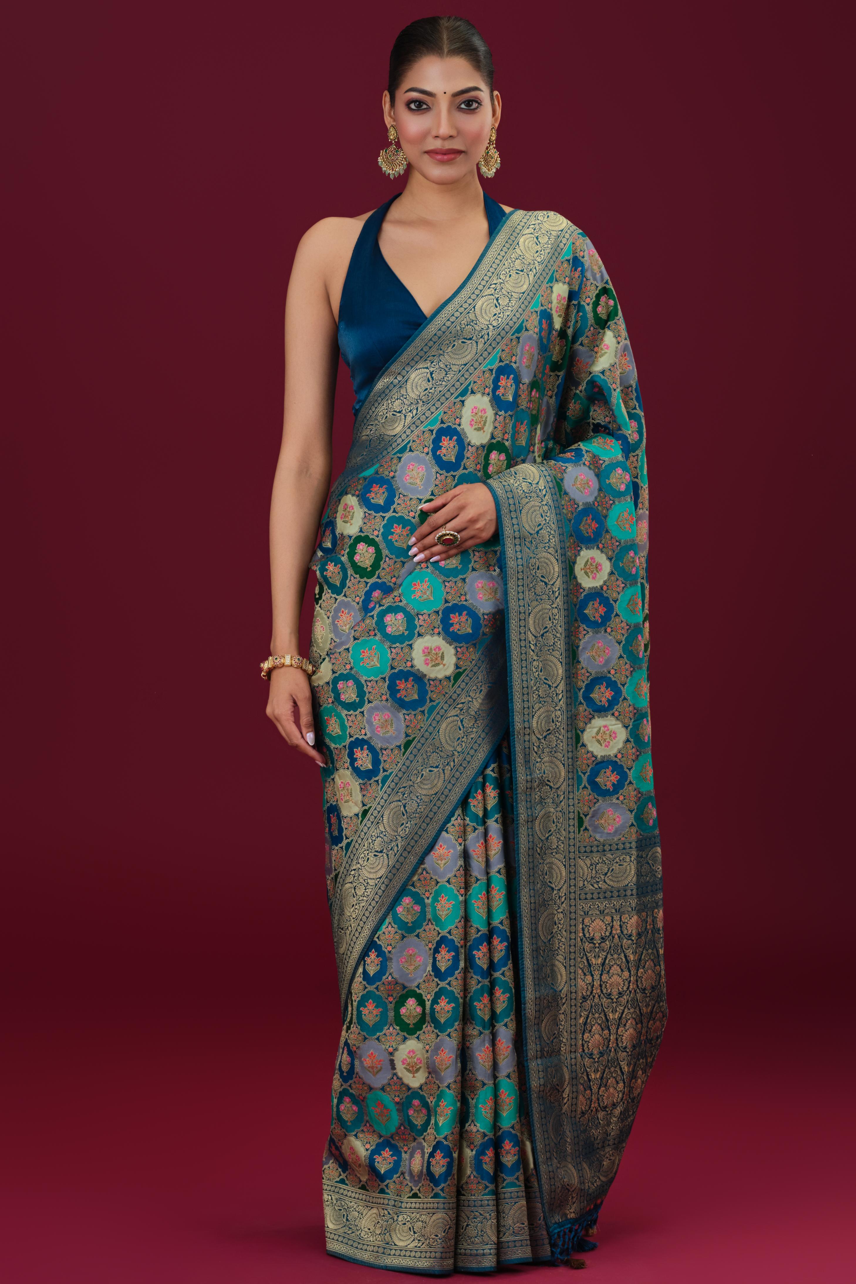Blue Banarasi Pure Satin Silk Saree