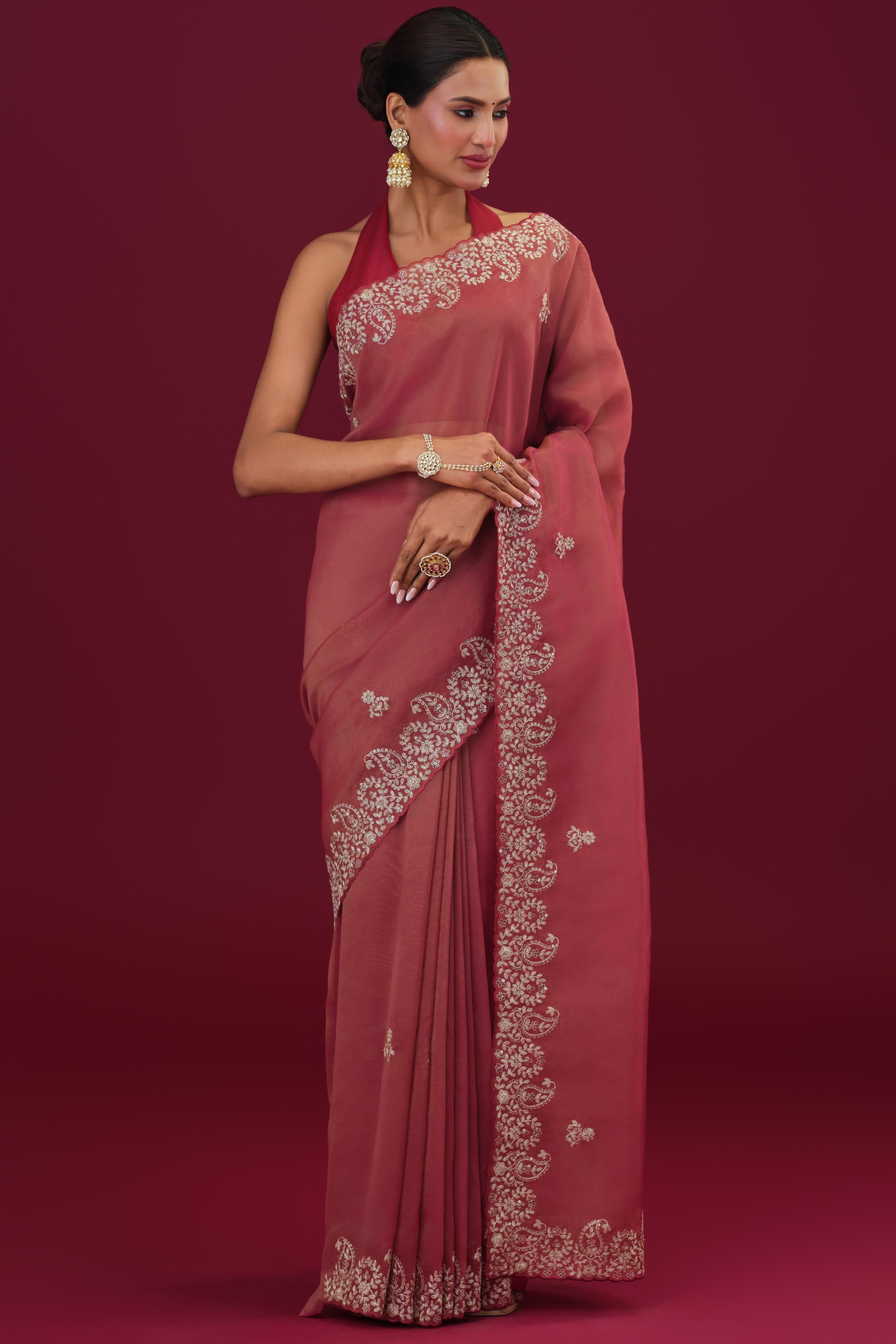 Red Embroidered Tissue Silk Saree