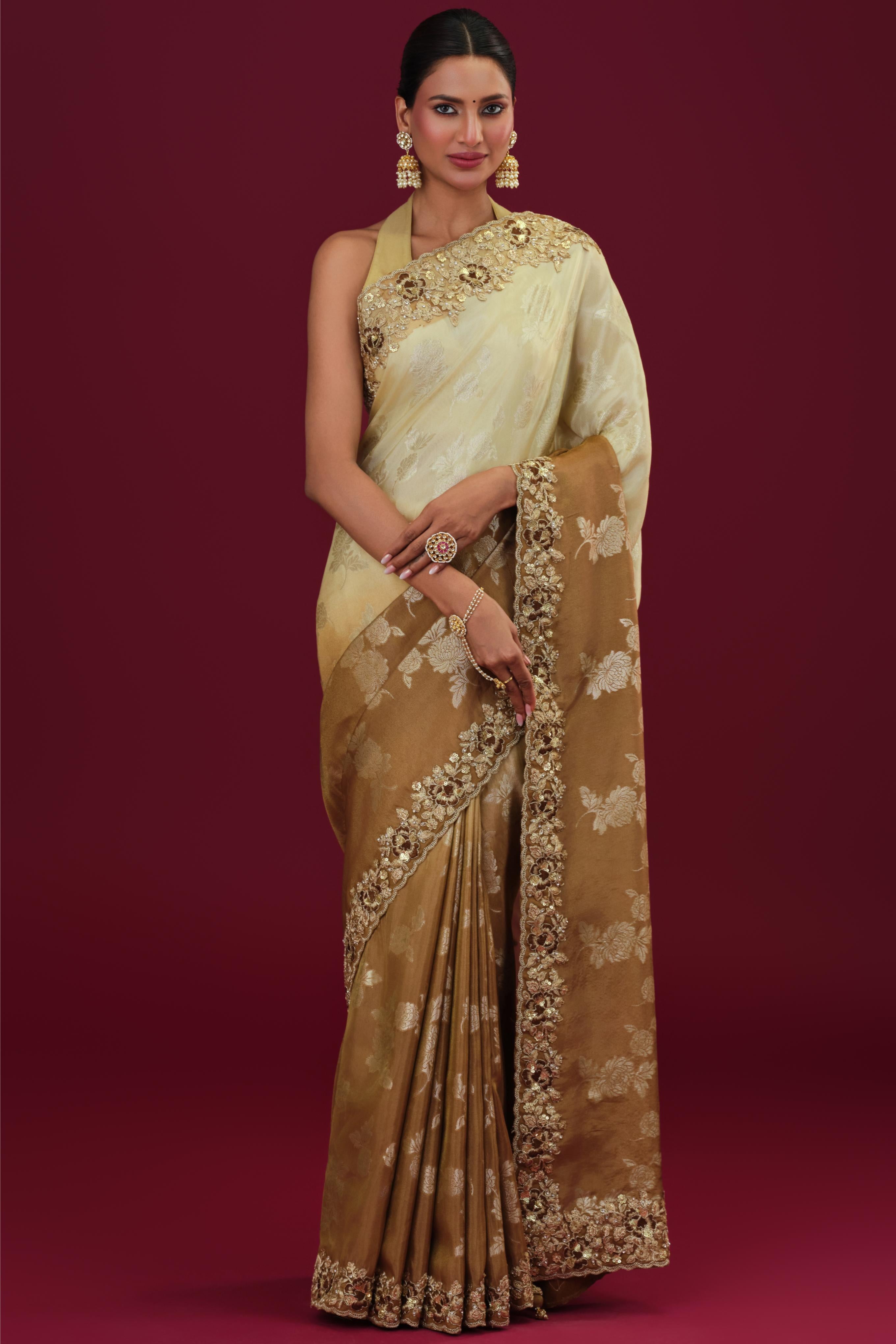 Brown Ombre-Dyed Cosmo Tissue Silk Saree