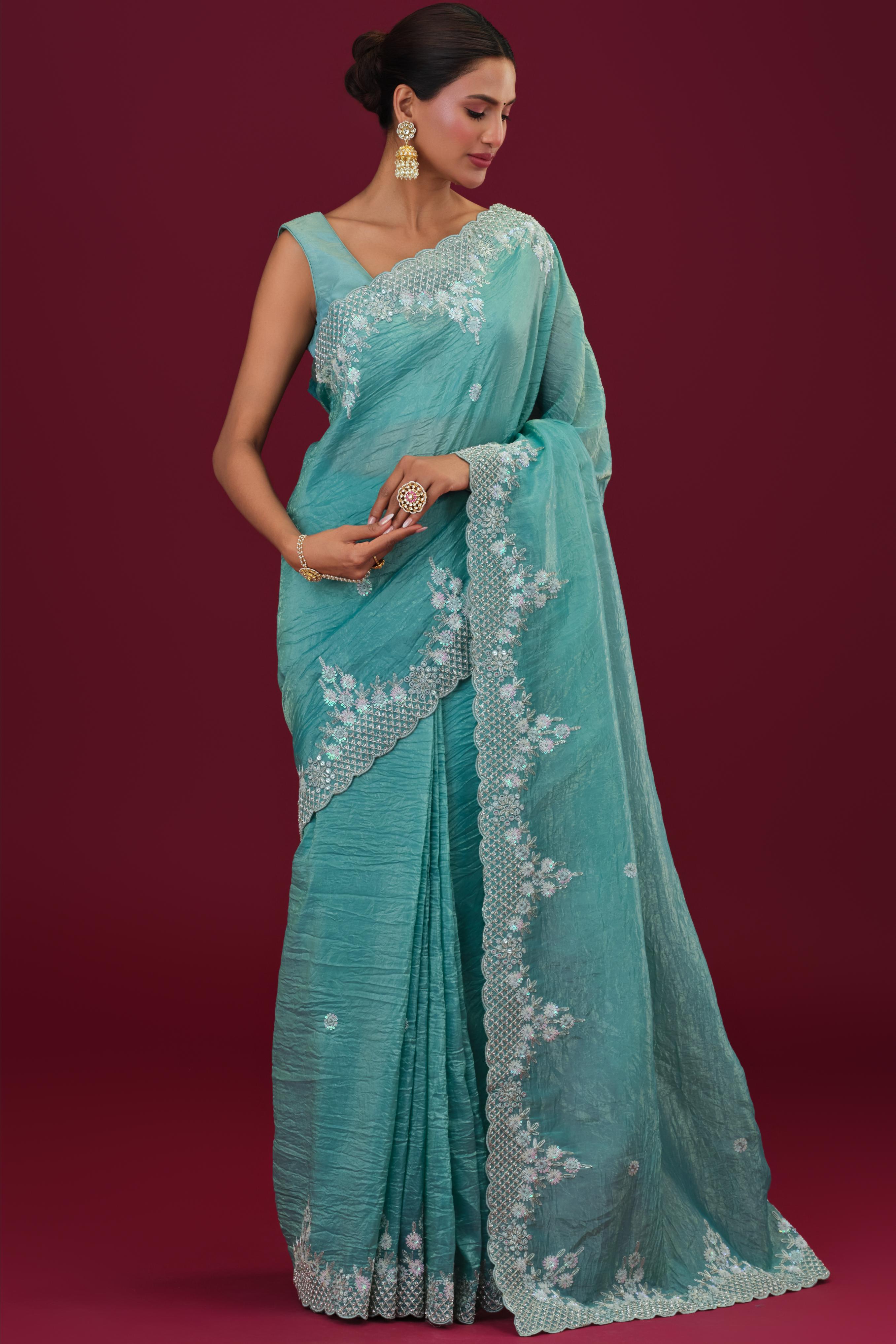 Light Blue Embellished Crush Silk Saree