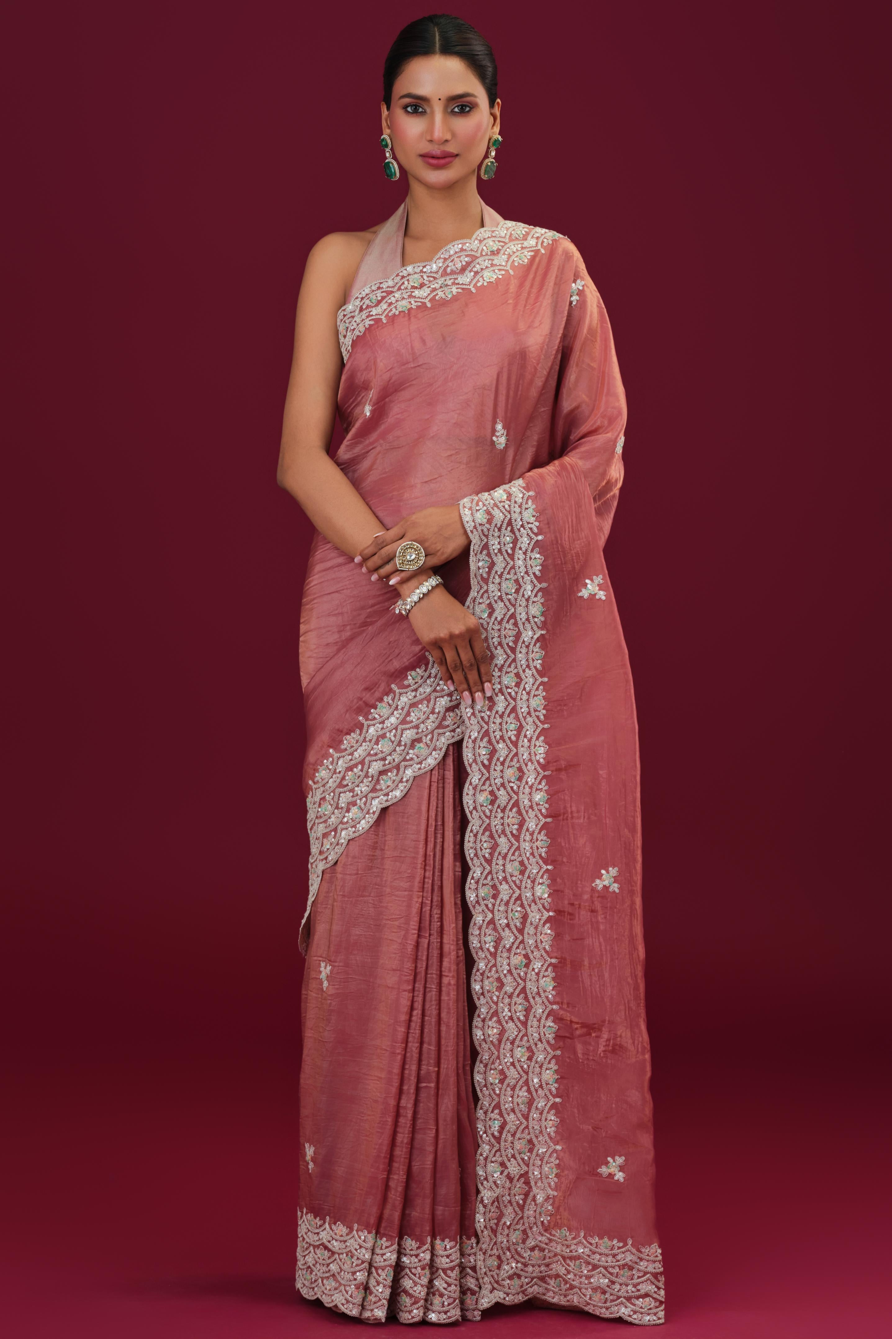 Rust Embellished Crush Silk Saree