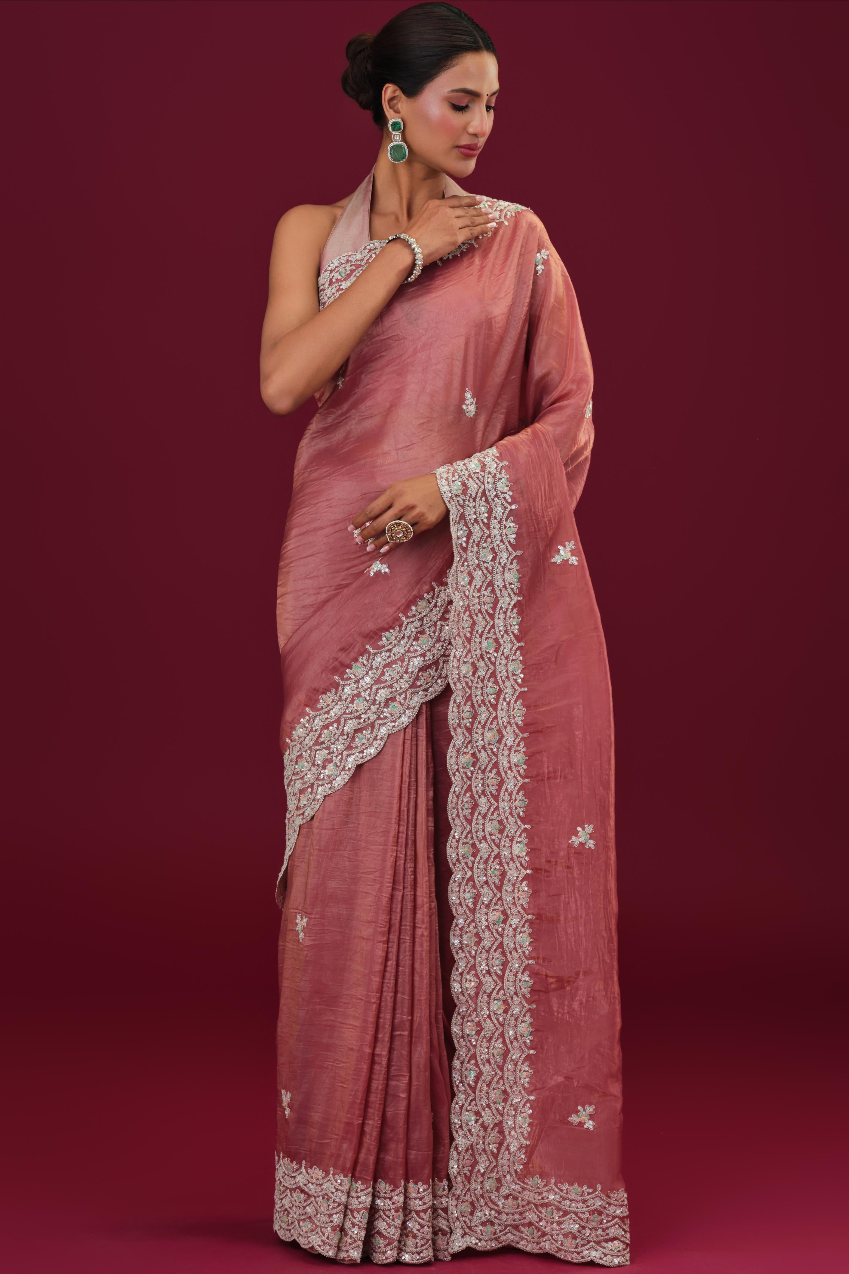 Rust Embellished Crush Silk Saree