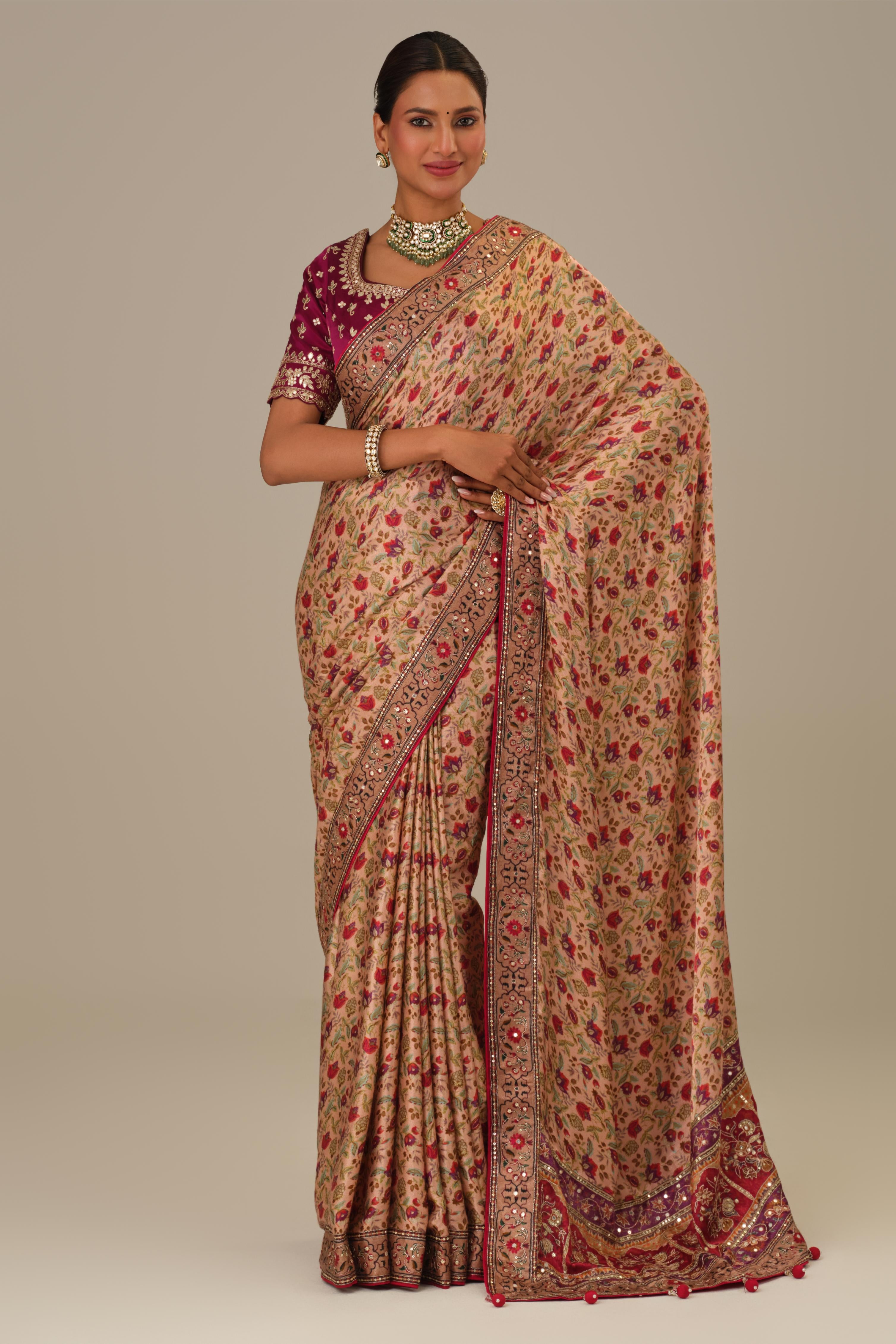 Dusty Rose Printed Modal Satin Silk Saree