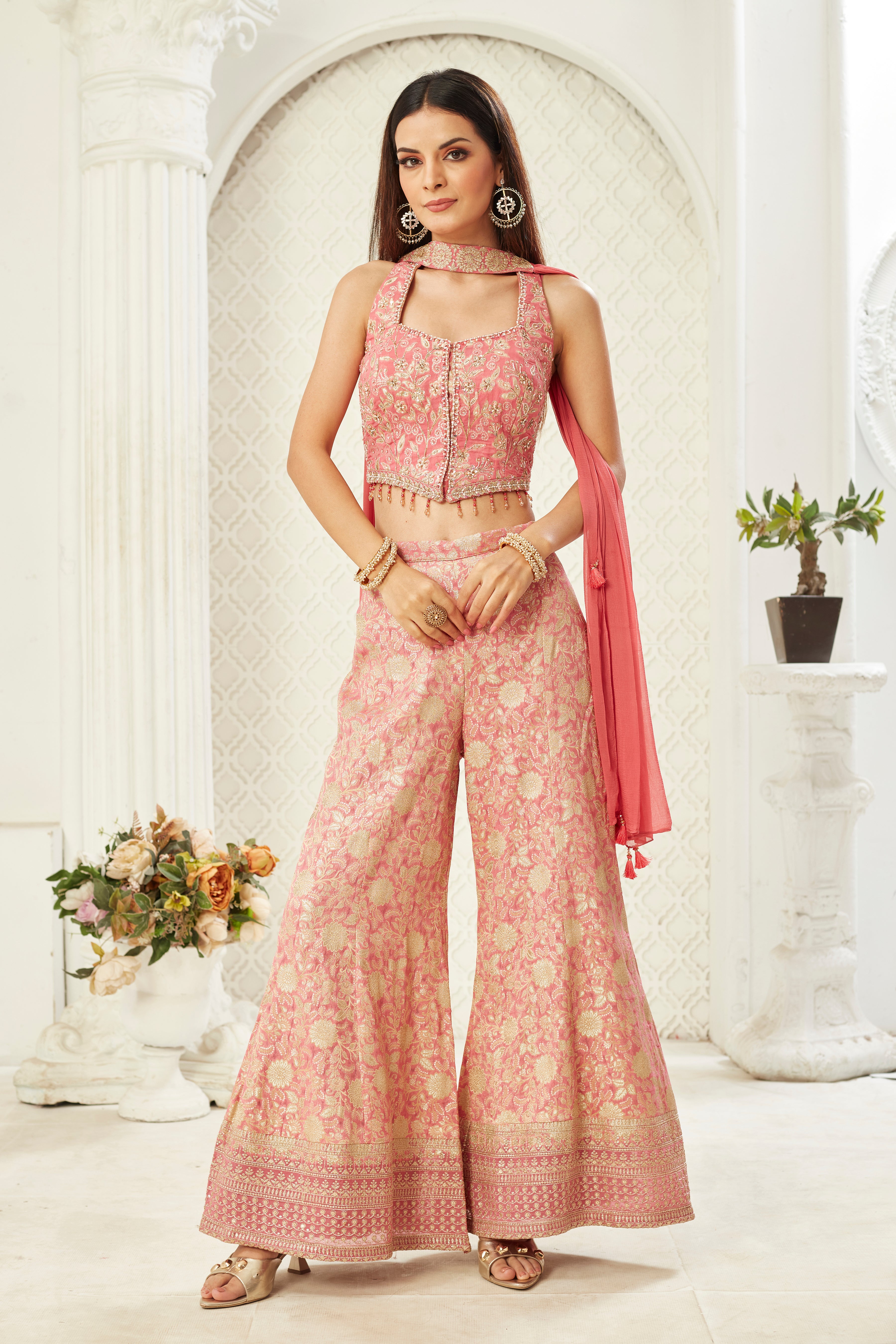 Pink Embellished Premium Silk Palazzo Set