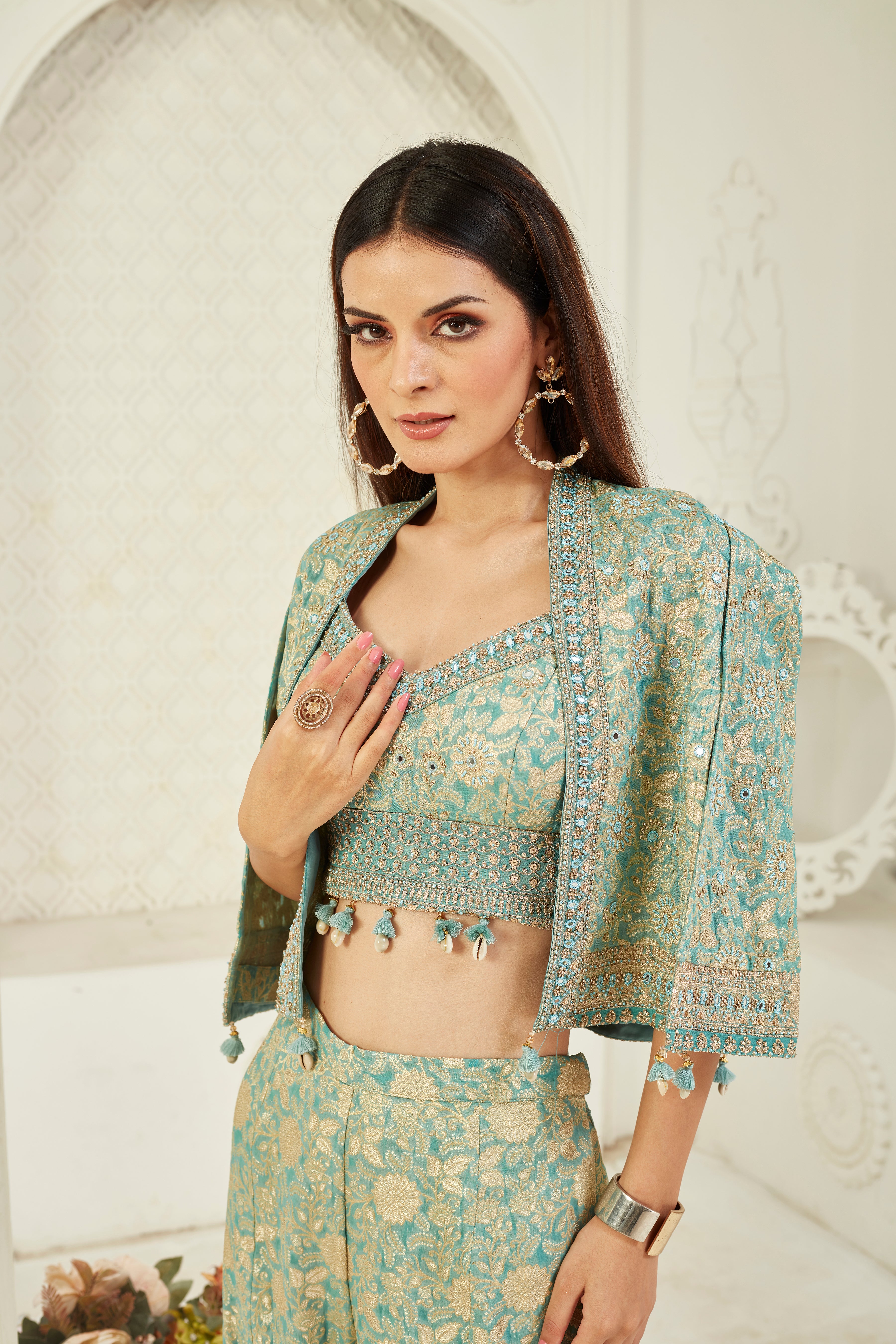 Teal Embroidered Crepe Silk Cape Set