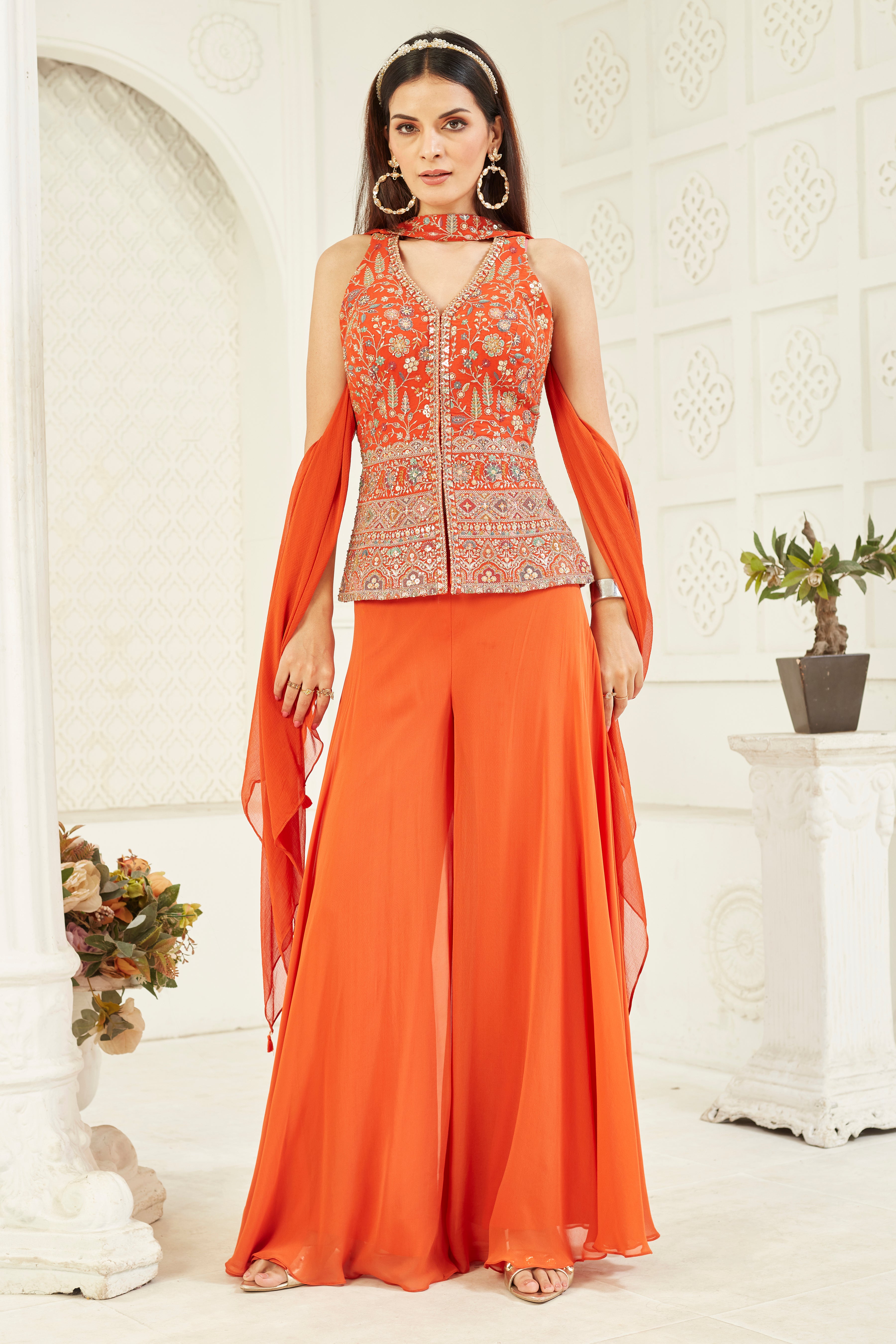 Orange Hand Embroidered Georgette Silk Palazzo Set