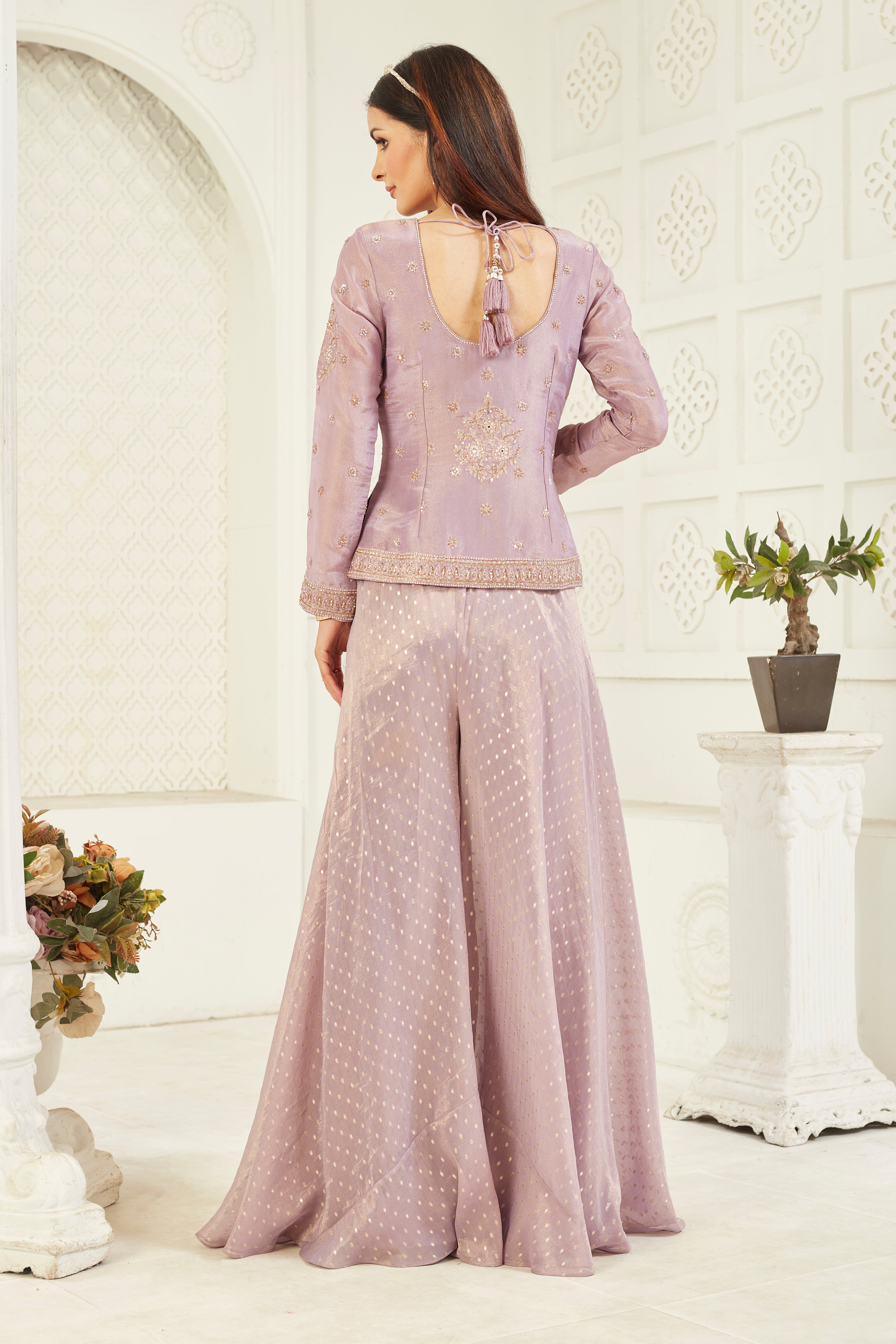 Mauve Embellished Italian Silk Palazzo Set
