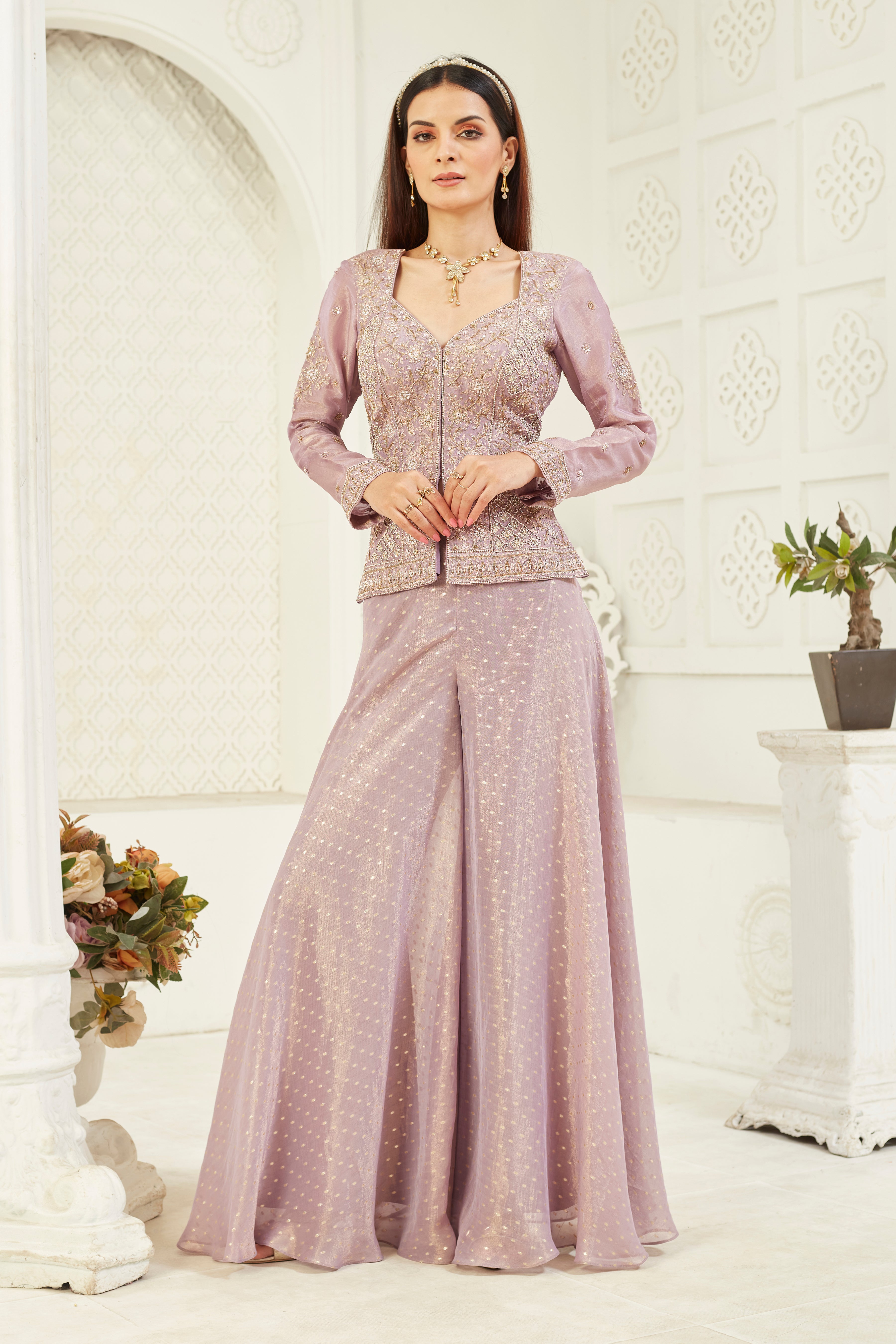 Mauve Embellished Italian Silk Palazzo Set