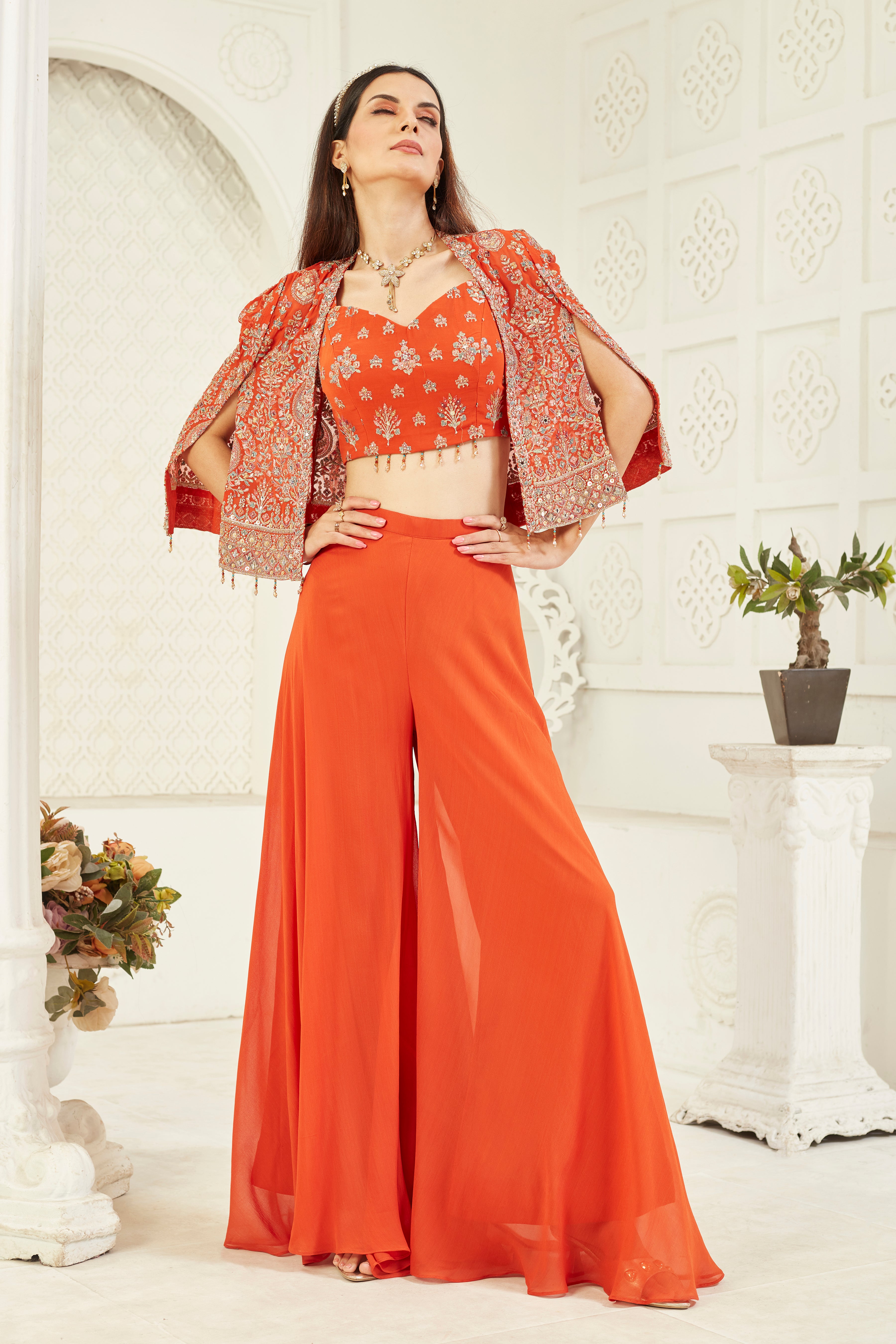 Orange Embellished Georgette Silk Cape Set