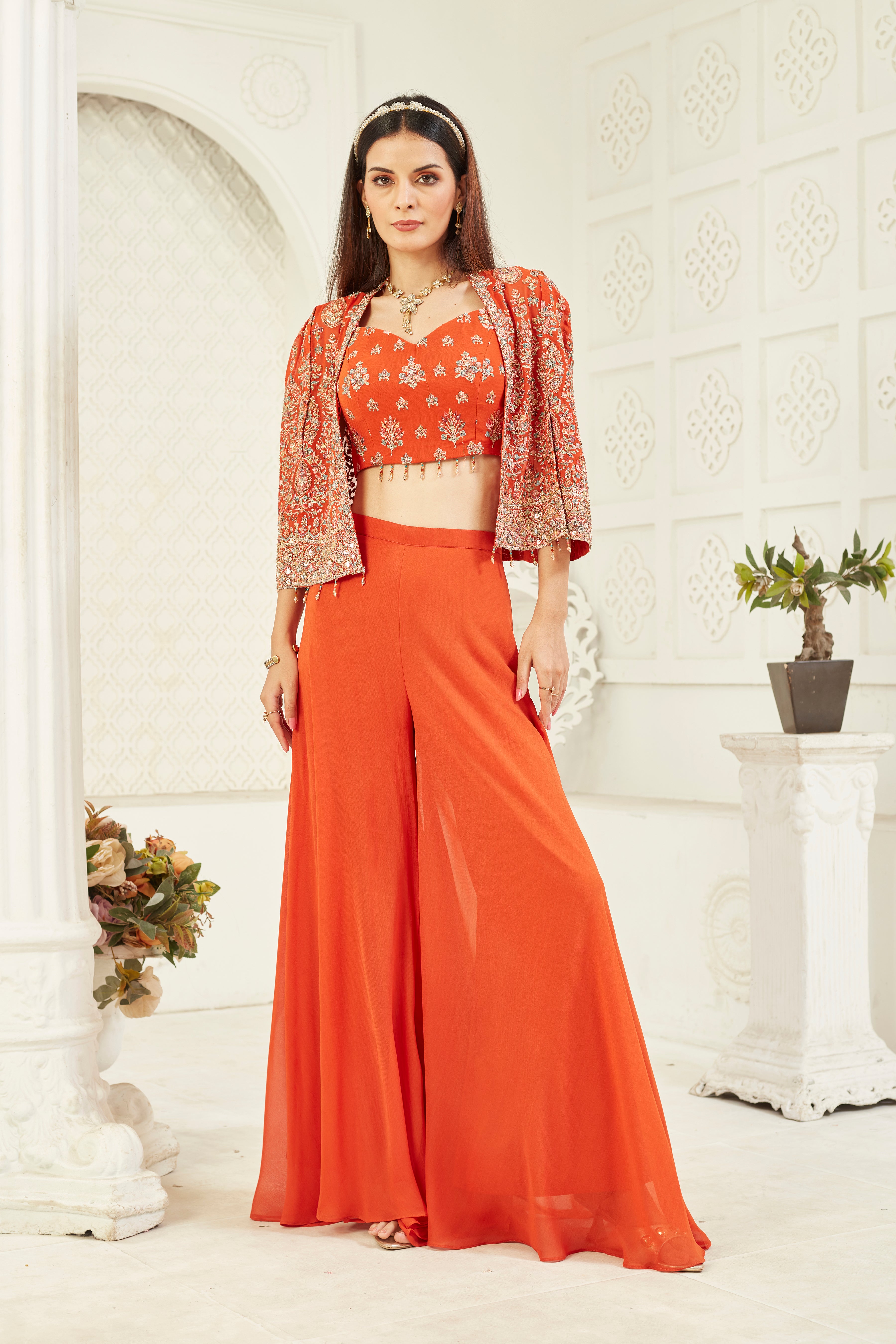 Orange Embellished Georgette Silk Cape Set