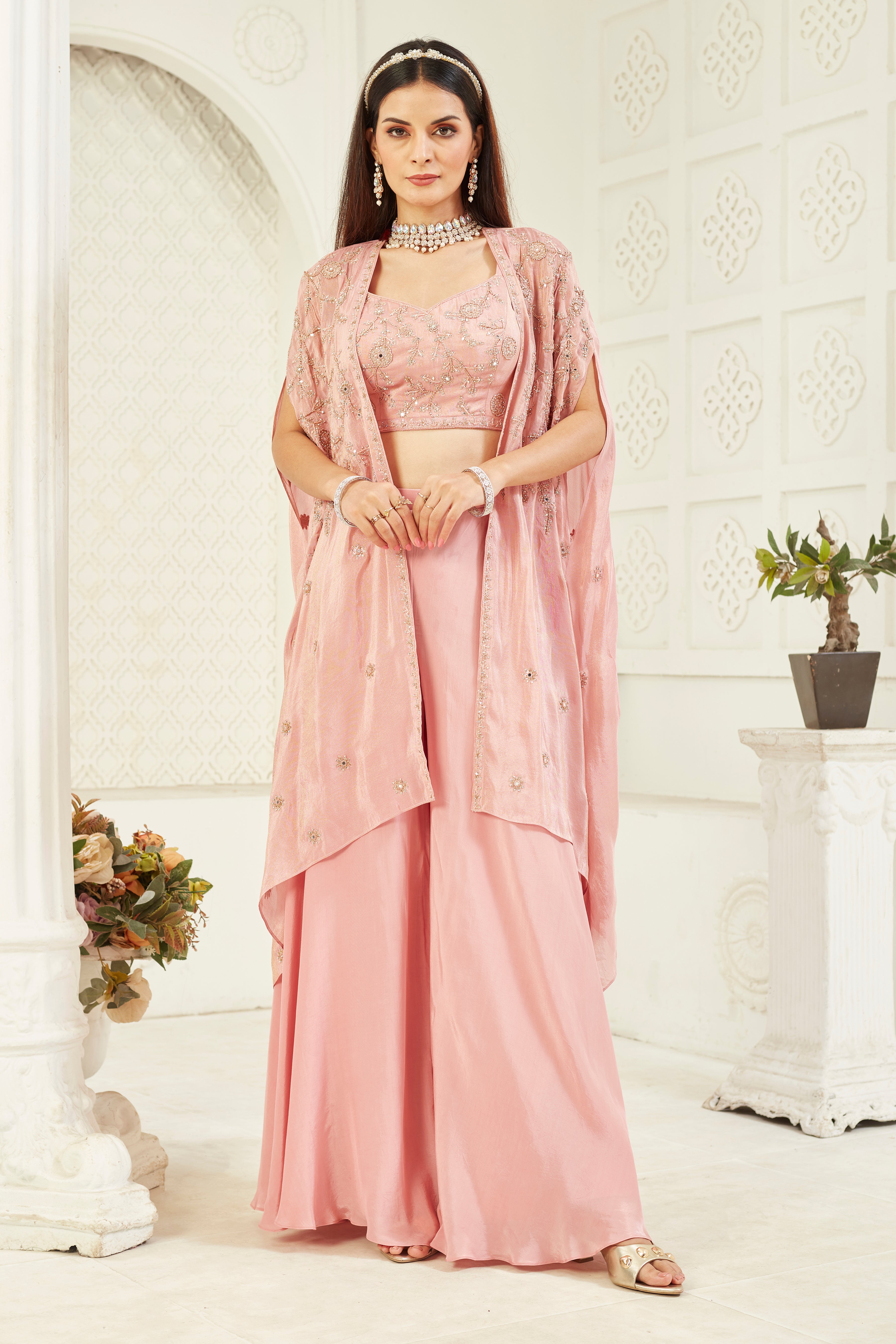 Pink Embellished Georgette Silk Cape Set