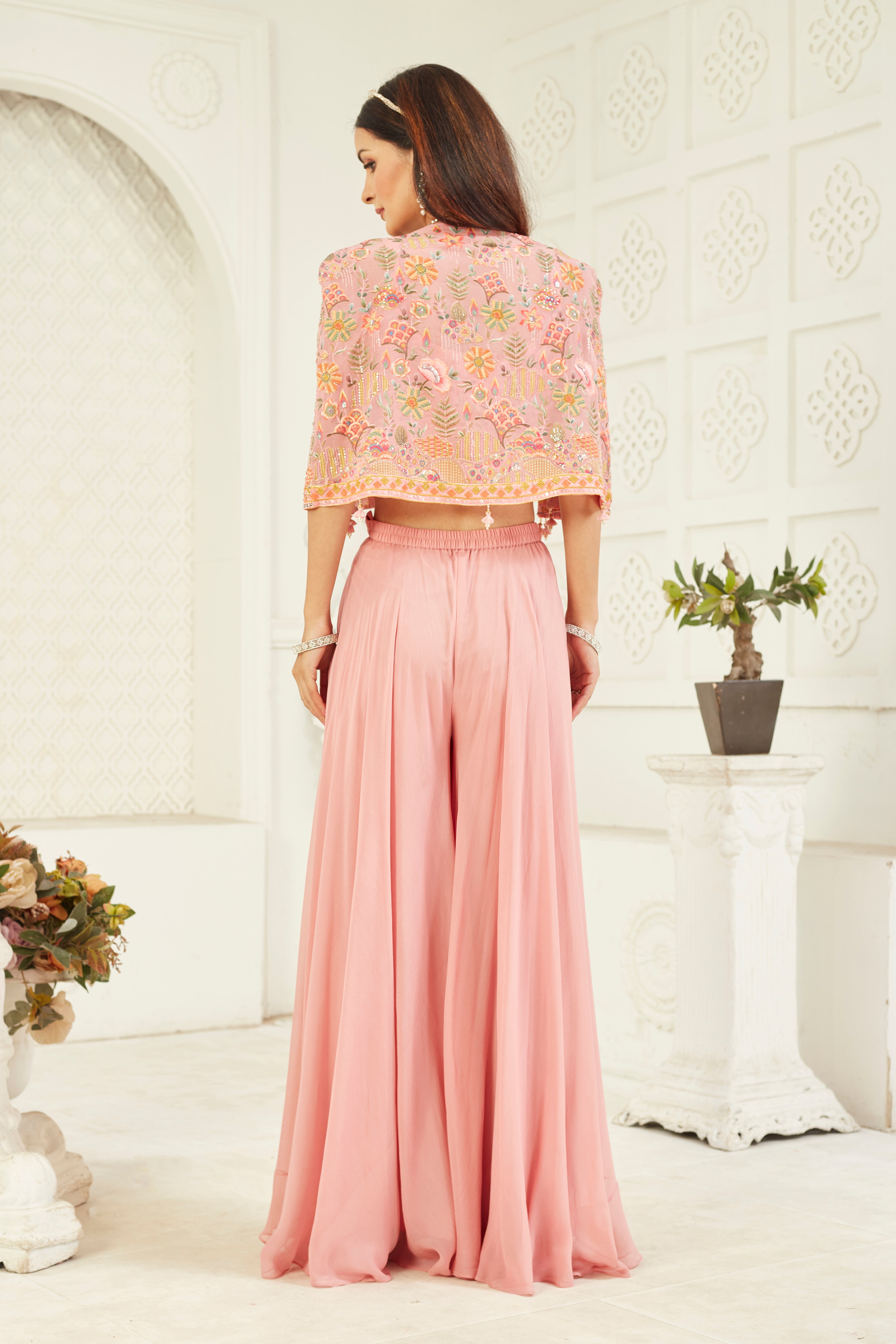 Floral Pink Embellished Georgette Silk Cape Set