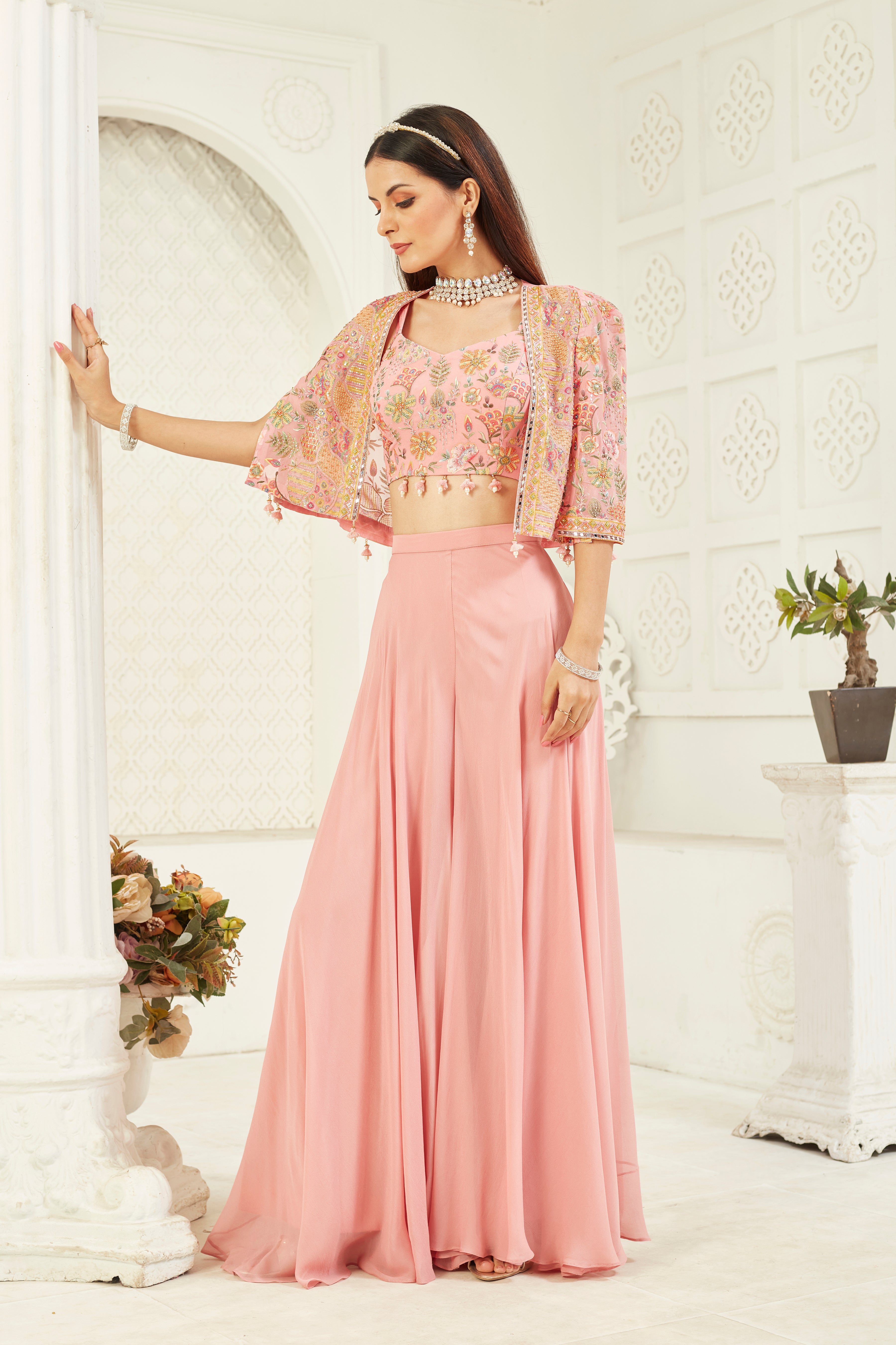 Floral Pink Embellished Georgette Silk Cape Set