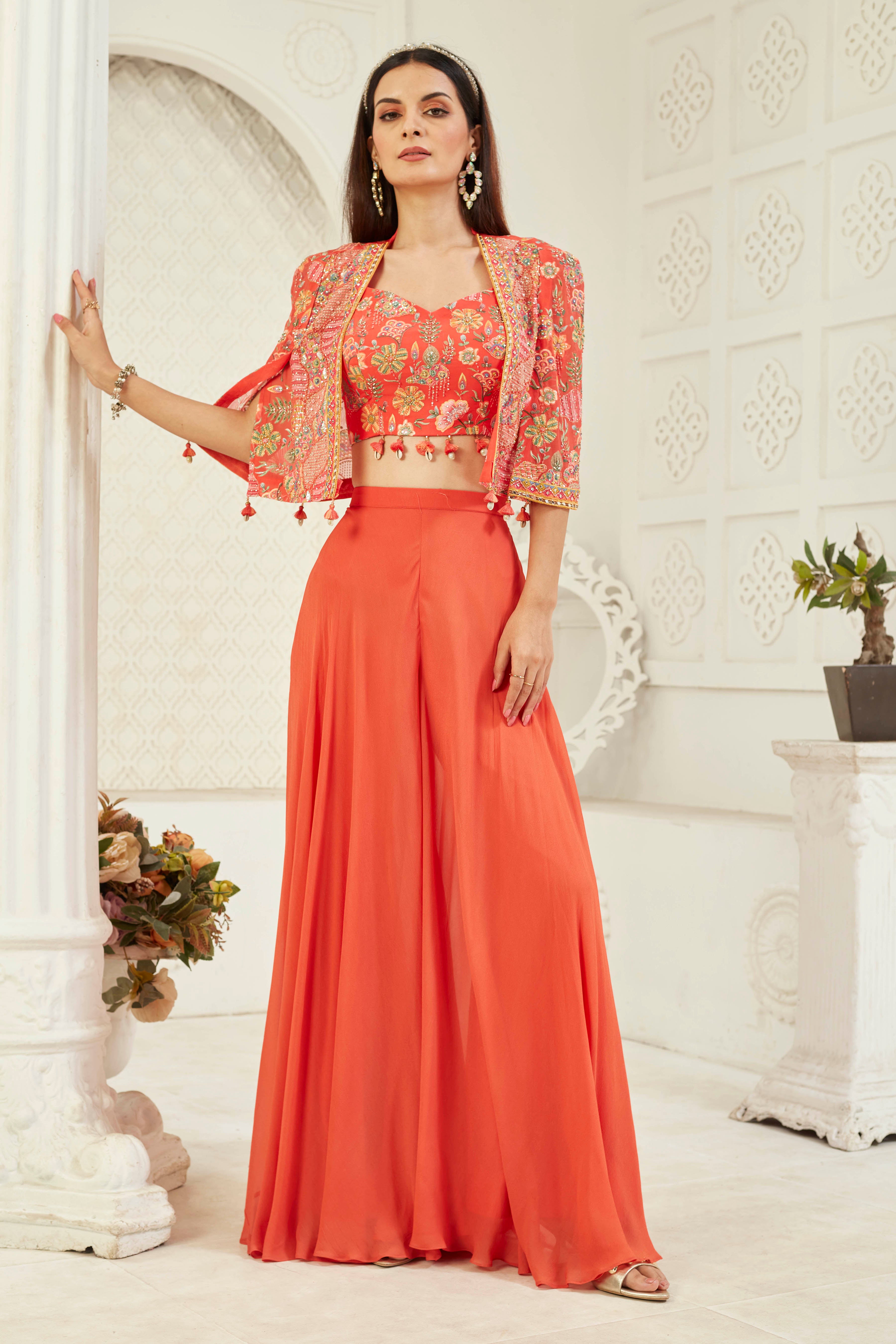 Floral Orange Embellished Georgette Silk Cape Set