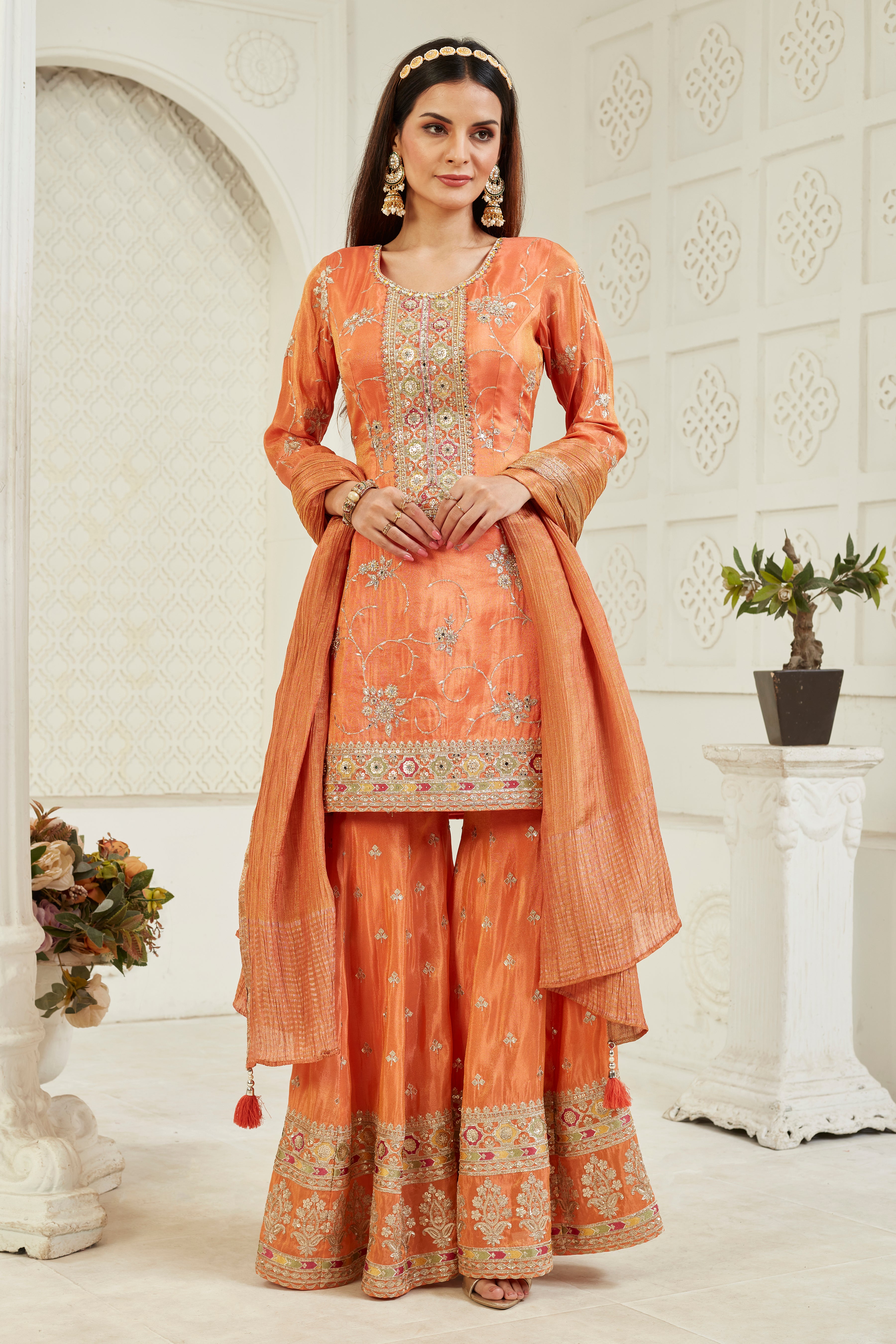 Festive Orange Embellished Chinon Silk Palazzo Set