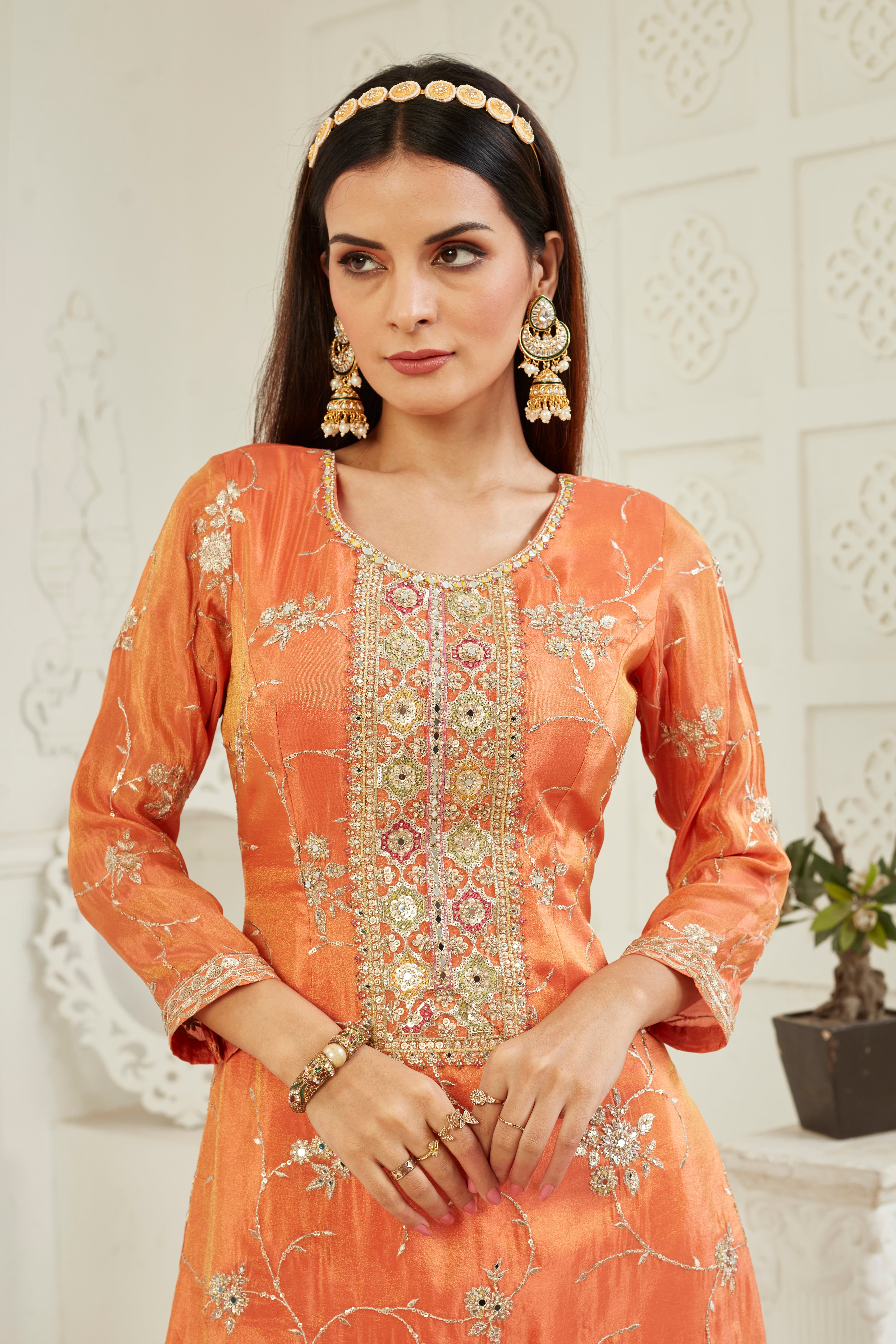 Festive Orange Embellished Chinon Silk Palazzo Set