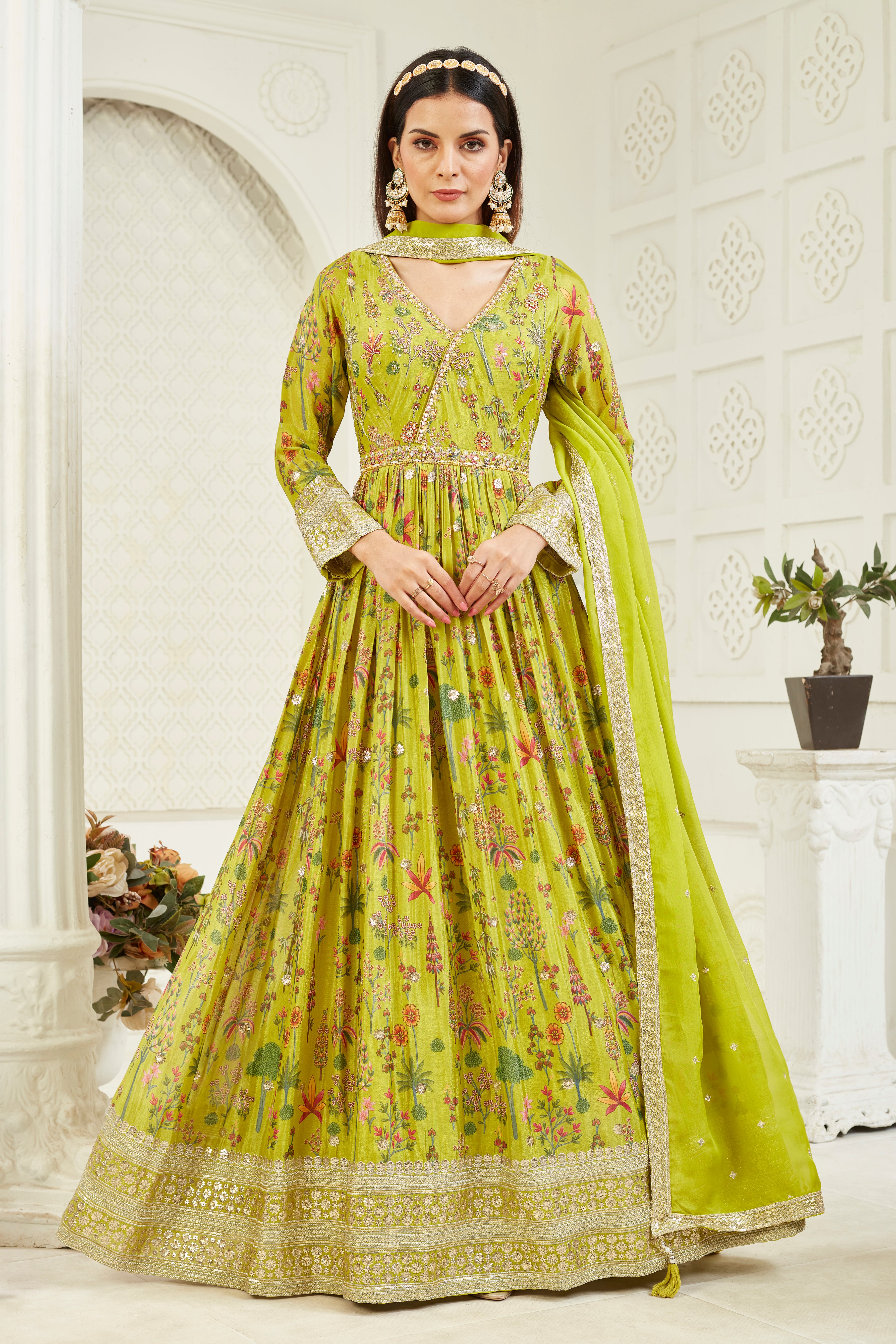 Green Embellished Georgette Silk Anarkali Set