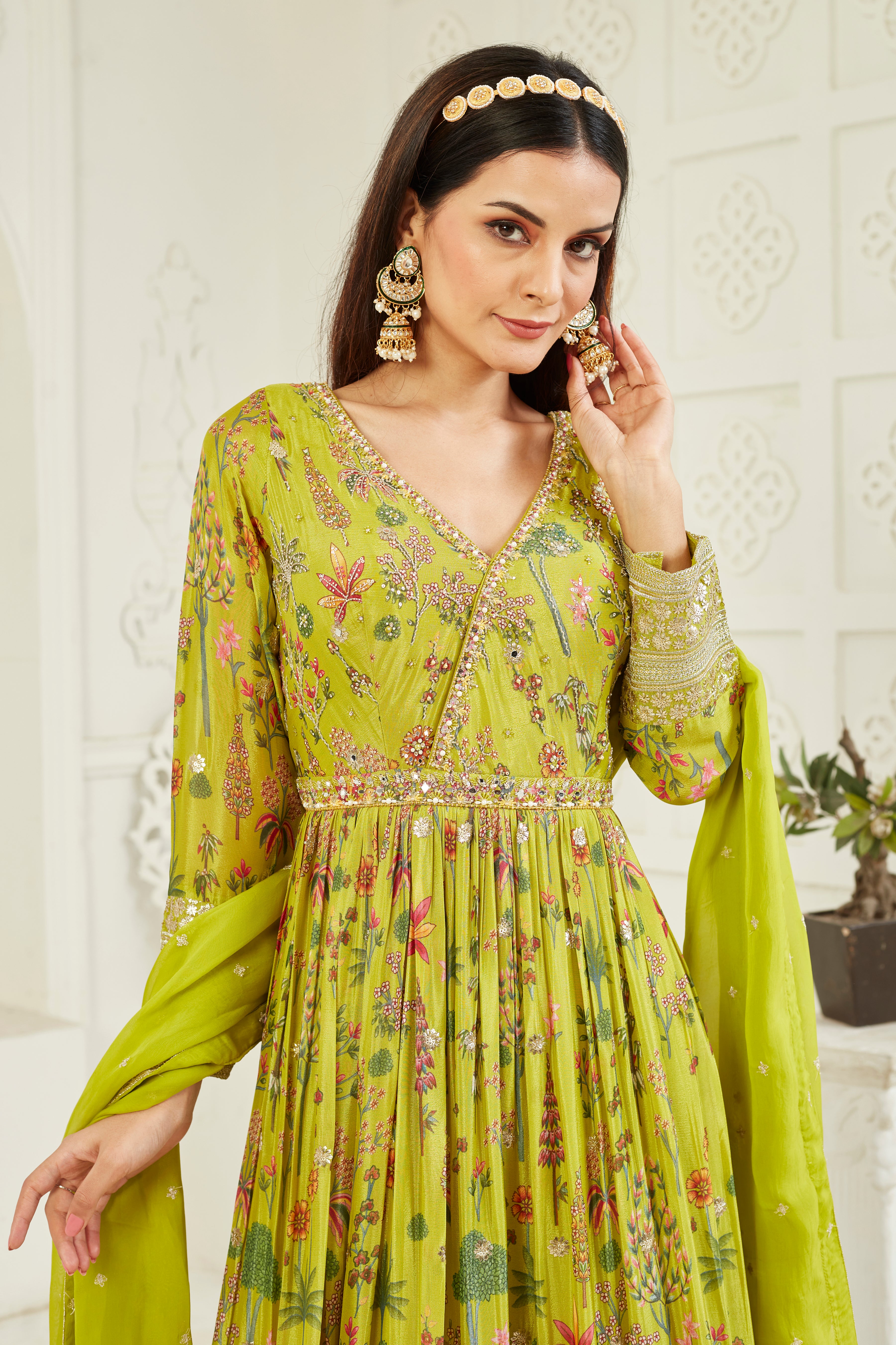 Green Embellished Georgette Silk Anarkali Set