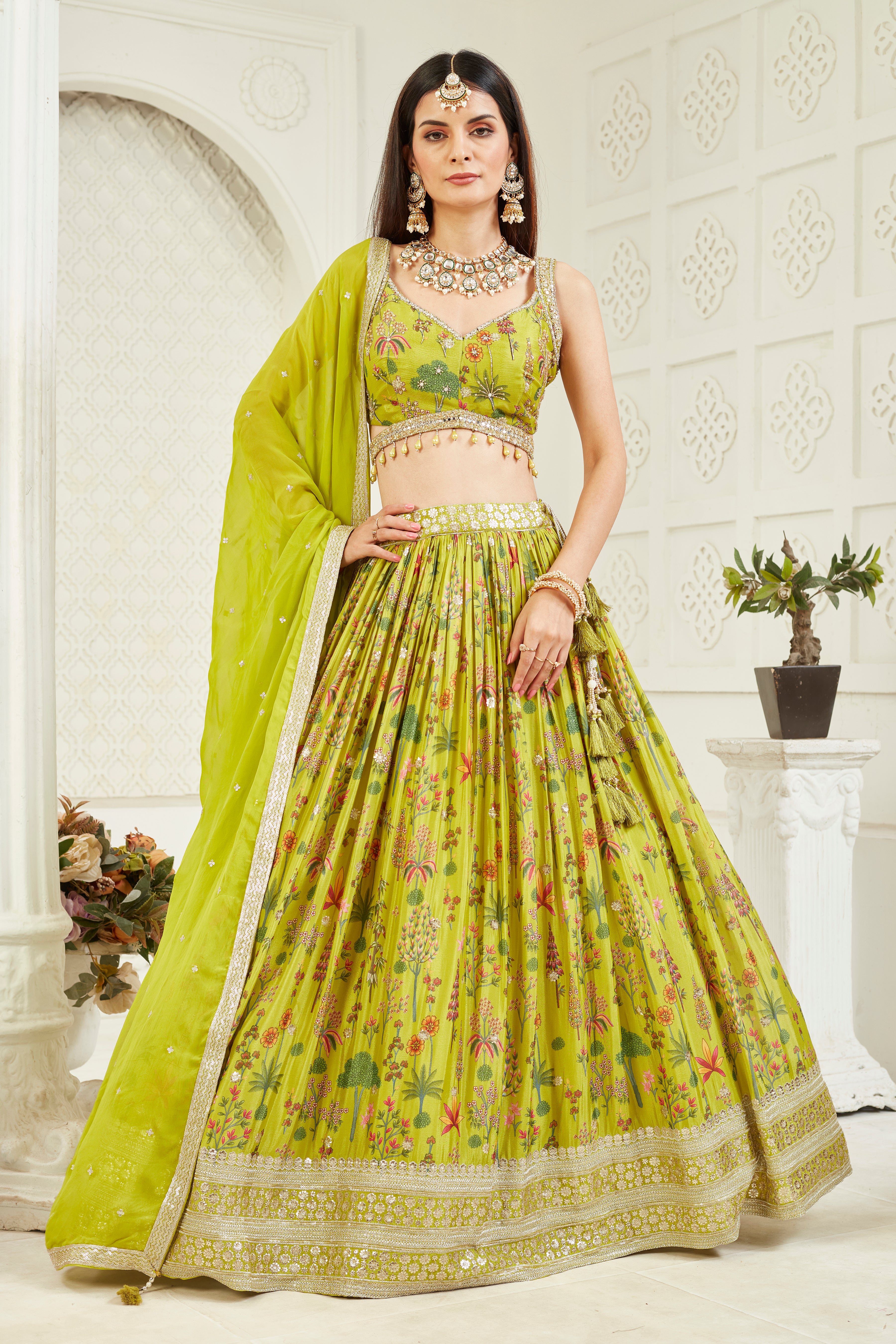 Green Amore Floral Printed Georgette Silk Lehenga Set