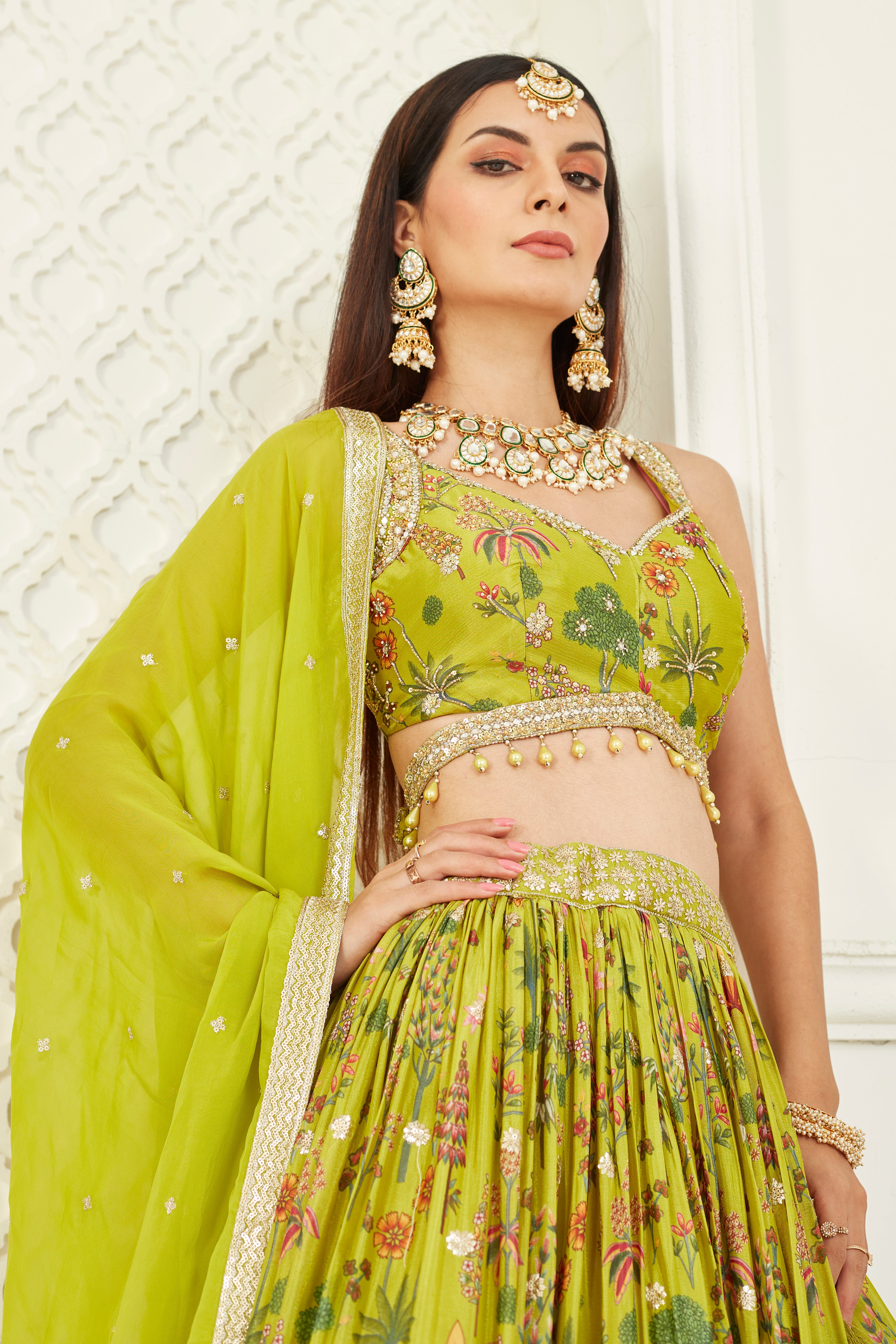 Green Amore Floral Printed Georgette Silk Lehenga Set