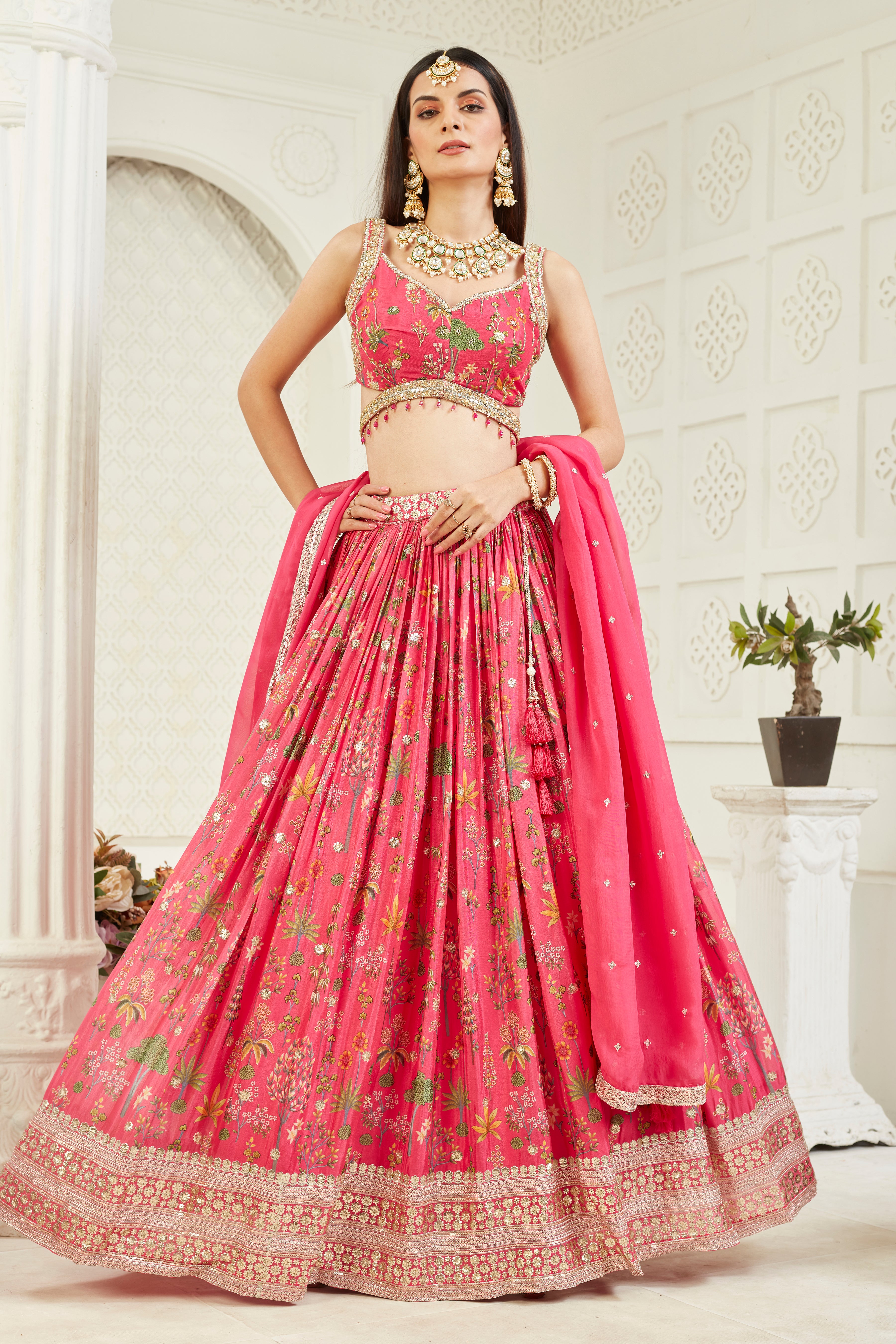 Pink Amore Floral Printed Georgette Silk Lehenga Set