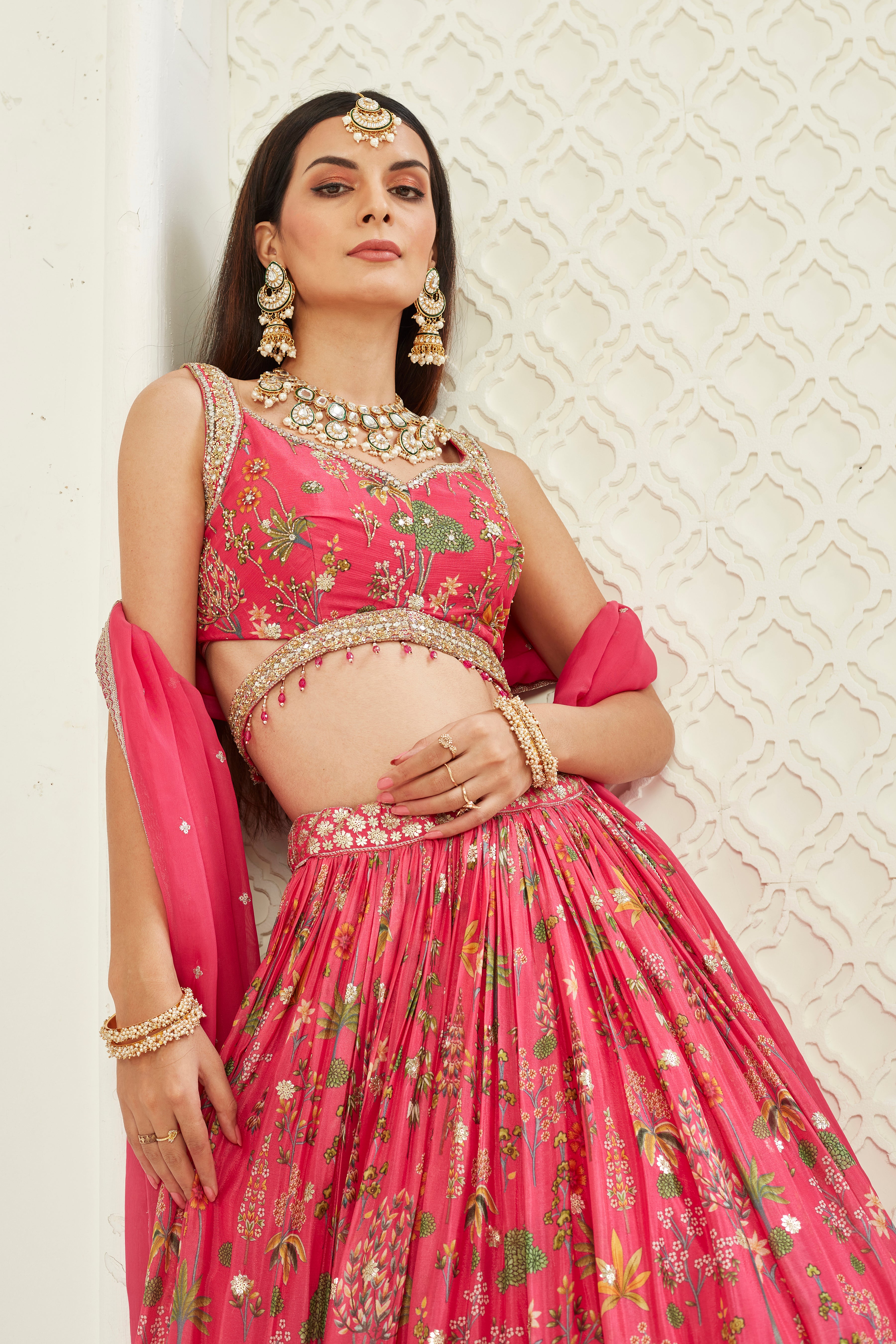 Pink Amore Floral Printed Georgette Silk Lehenga Set