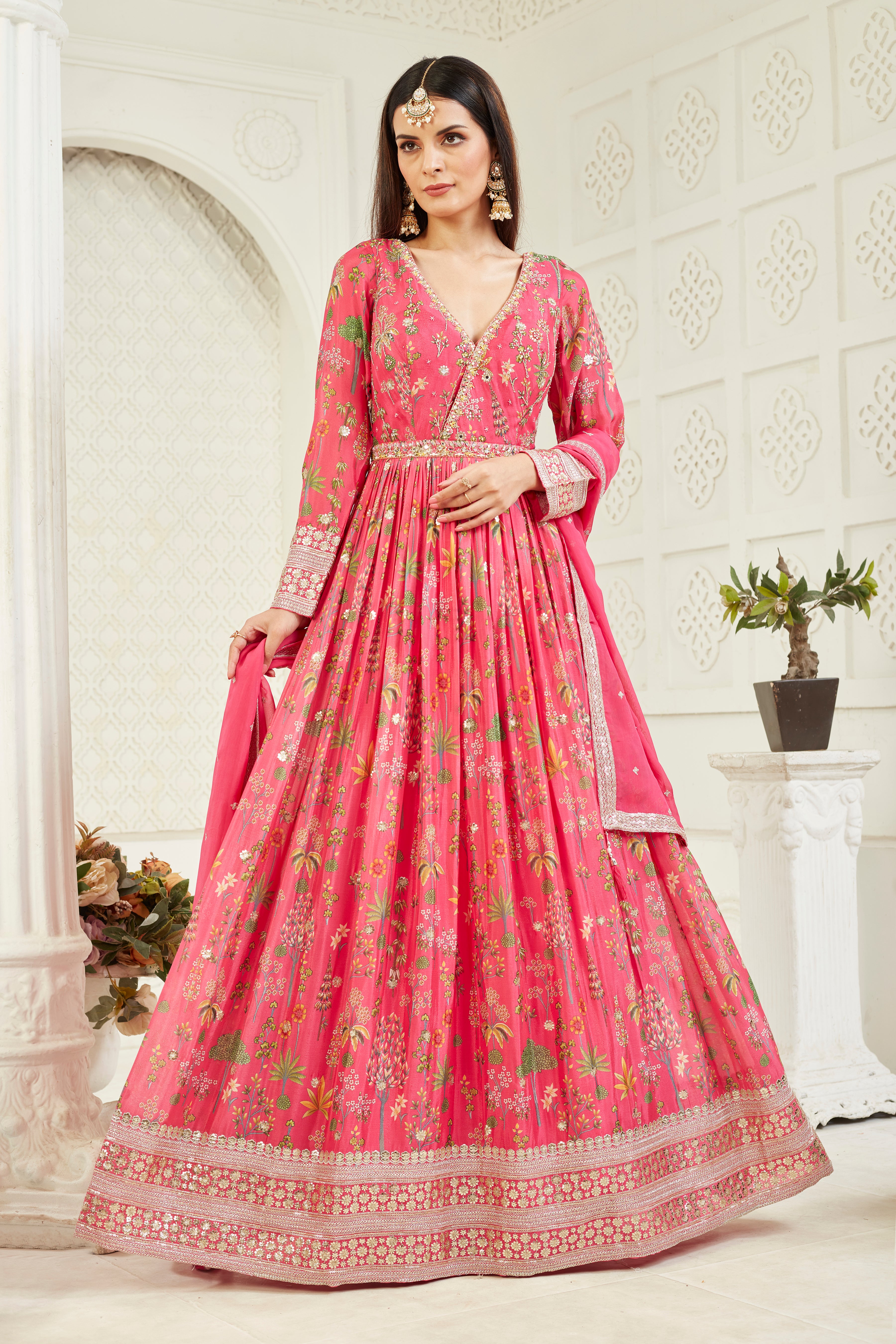 Pink Embellished Georgette Silk Anarkali Set