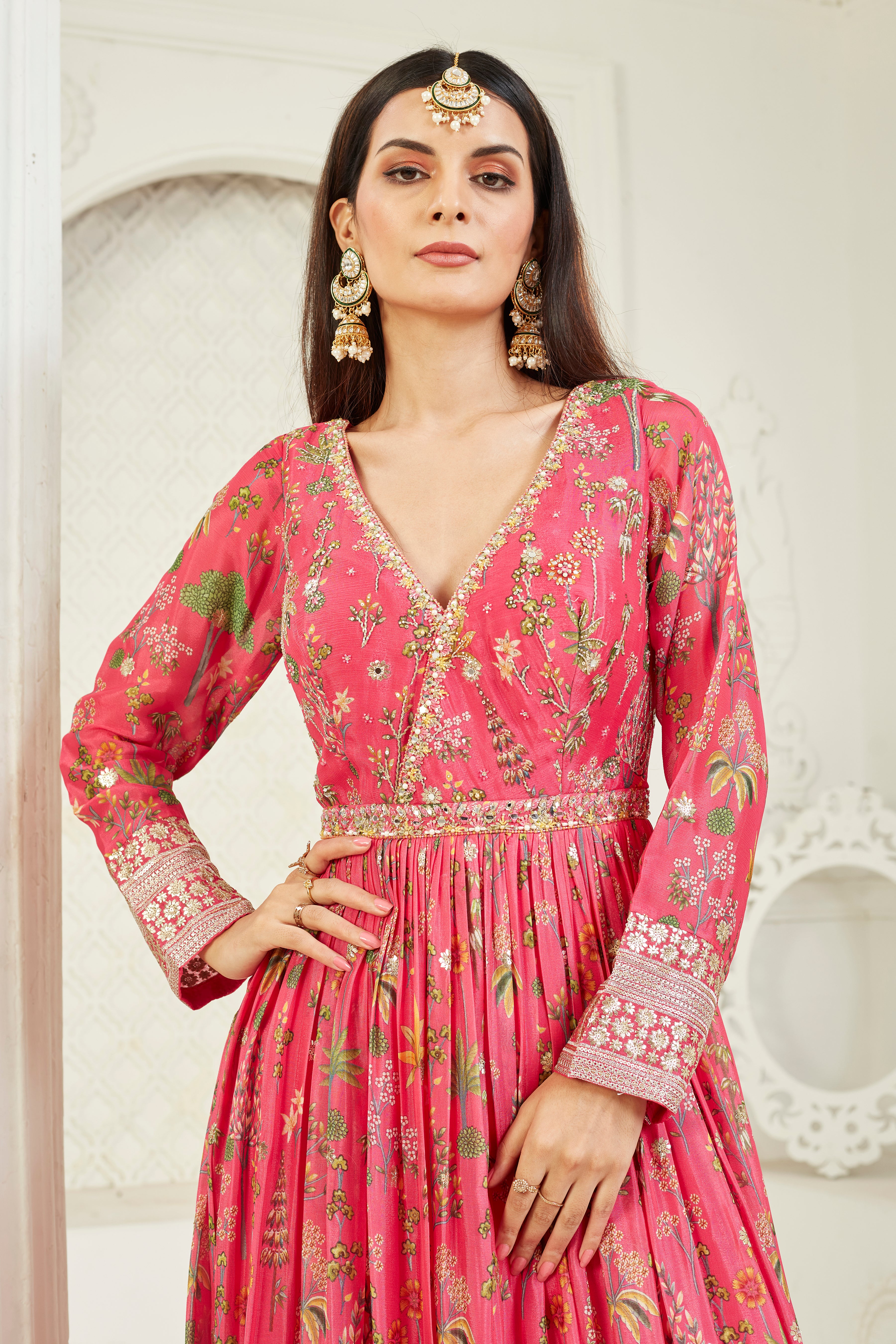 Pink Embellished Georgette Silk Anarkali Set