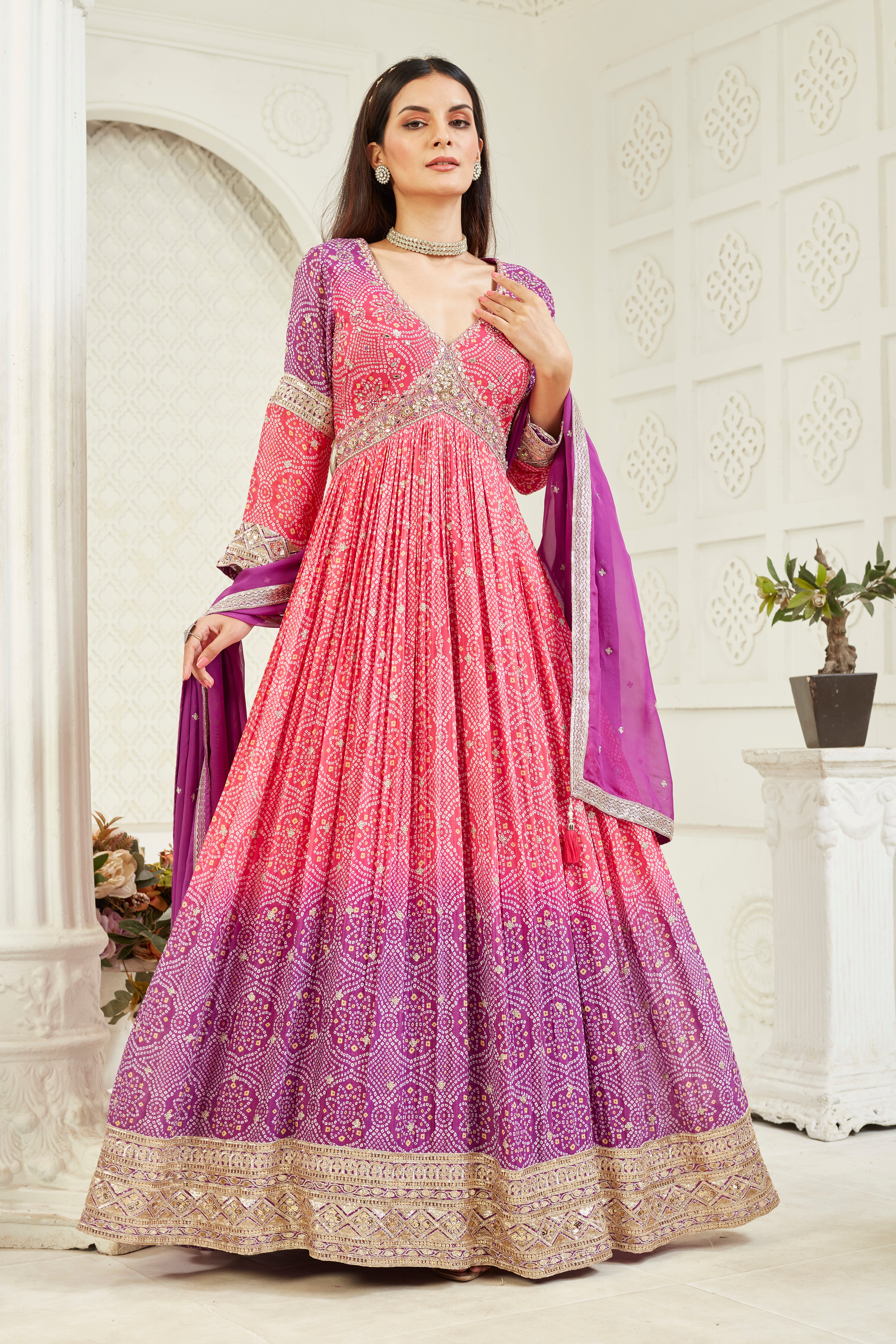 Pink Ombre-Dyed Georgette Silk Anarkali Set