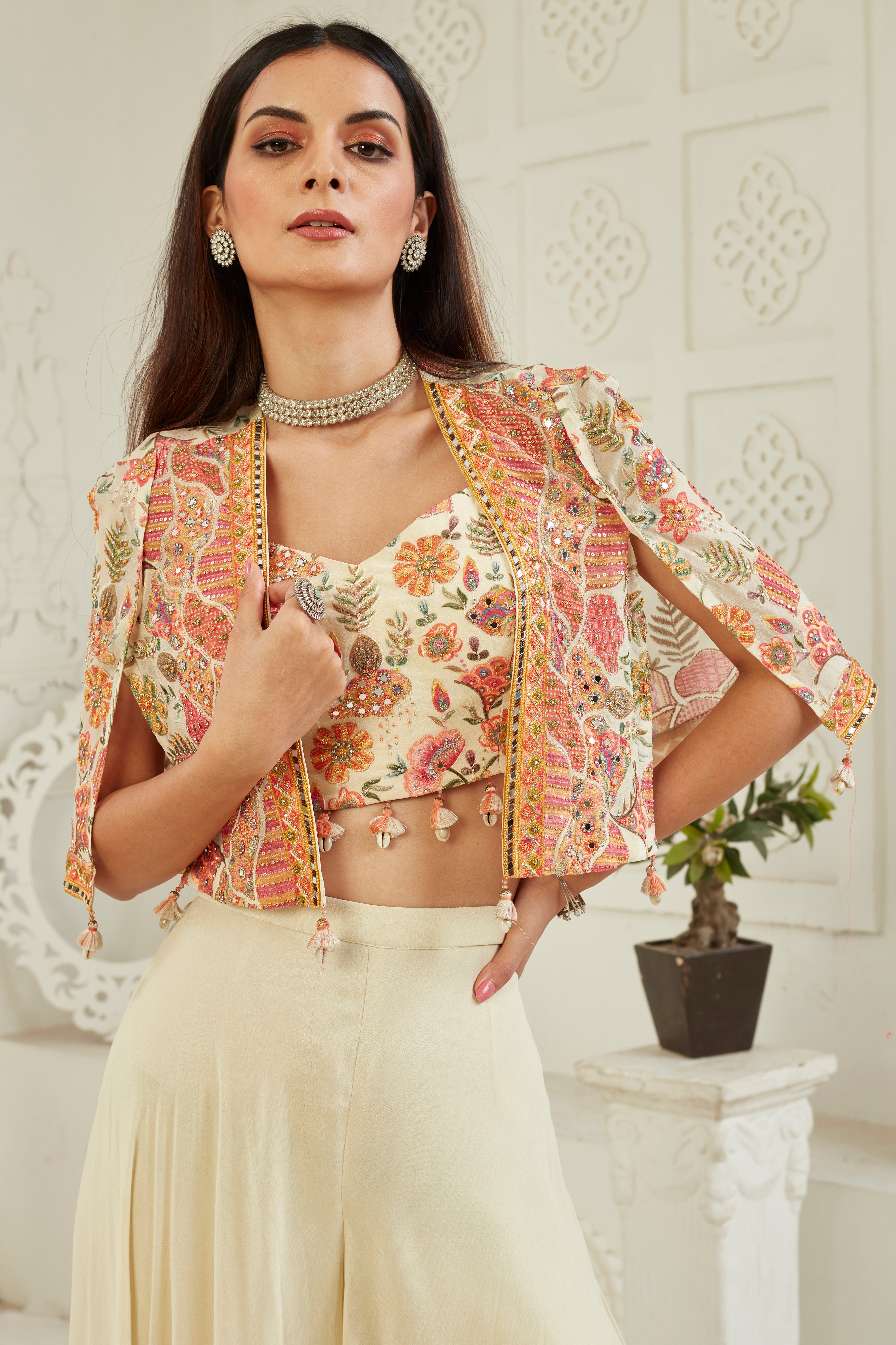 Floral Cream Embellished Georgette Silk Cape Set