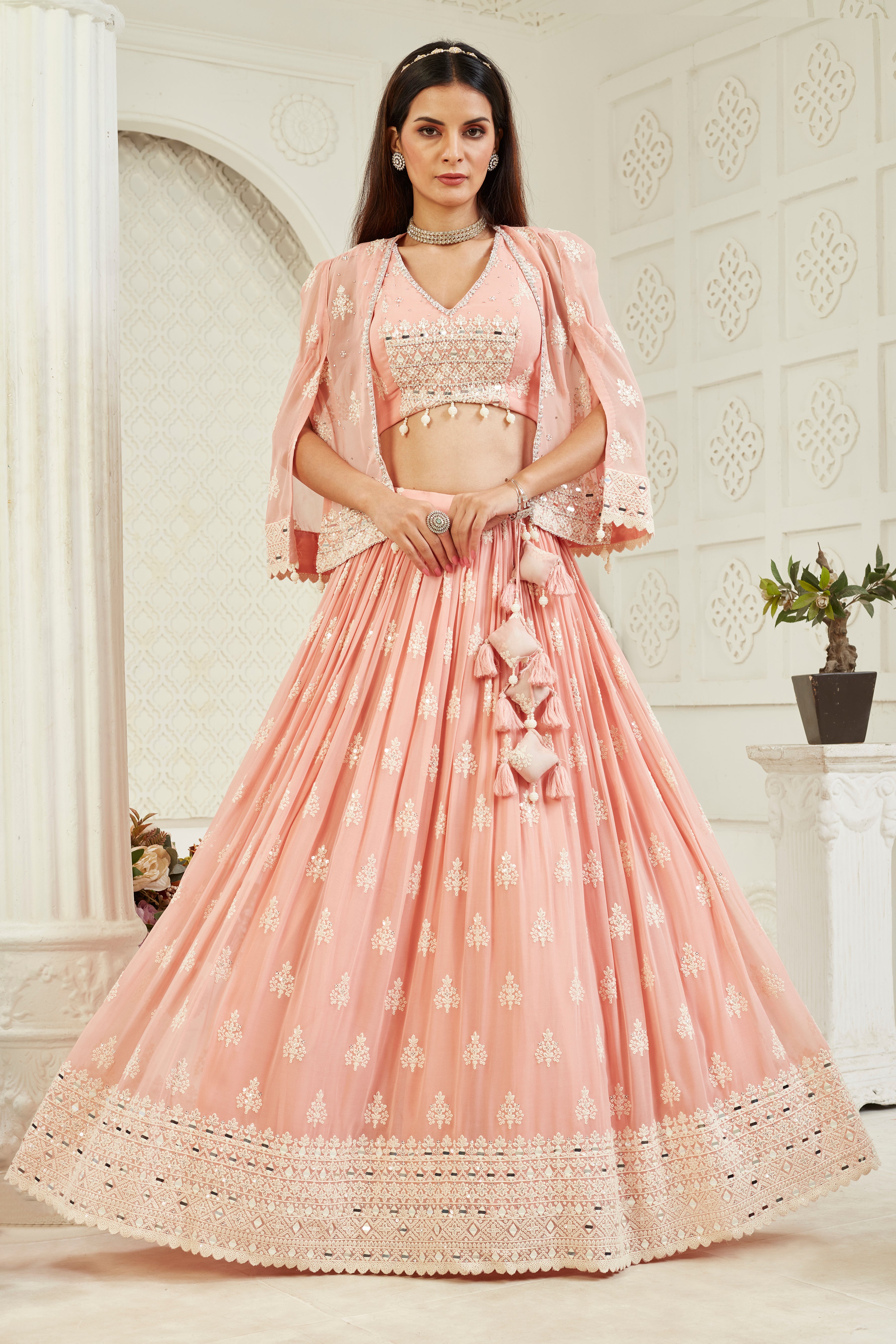 Pastel Pink Handwork Georgette Silk Lehenga Set