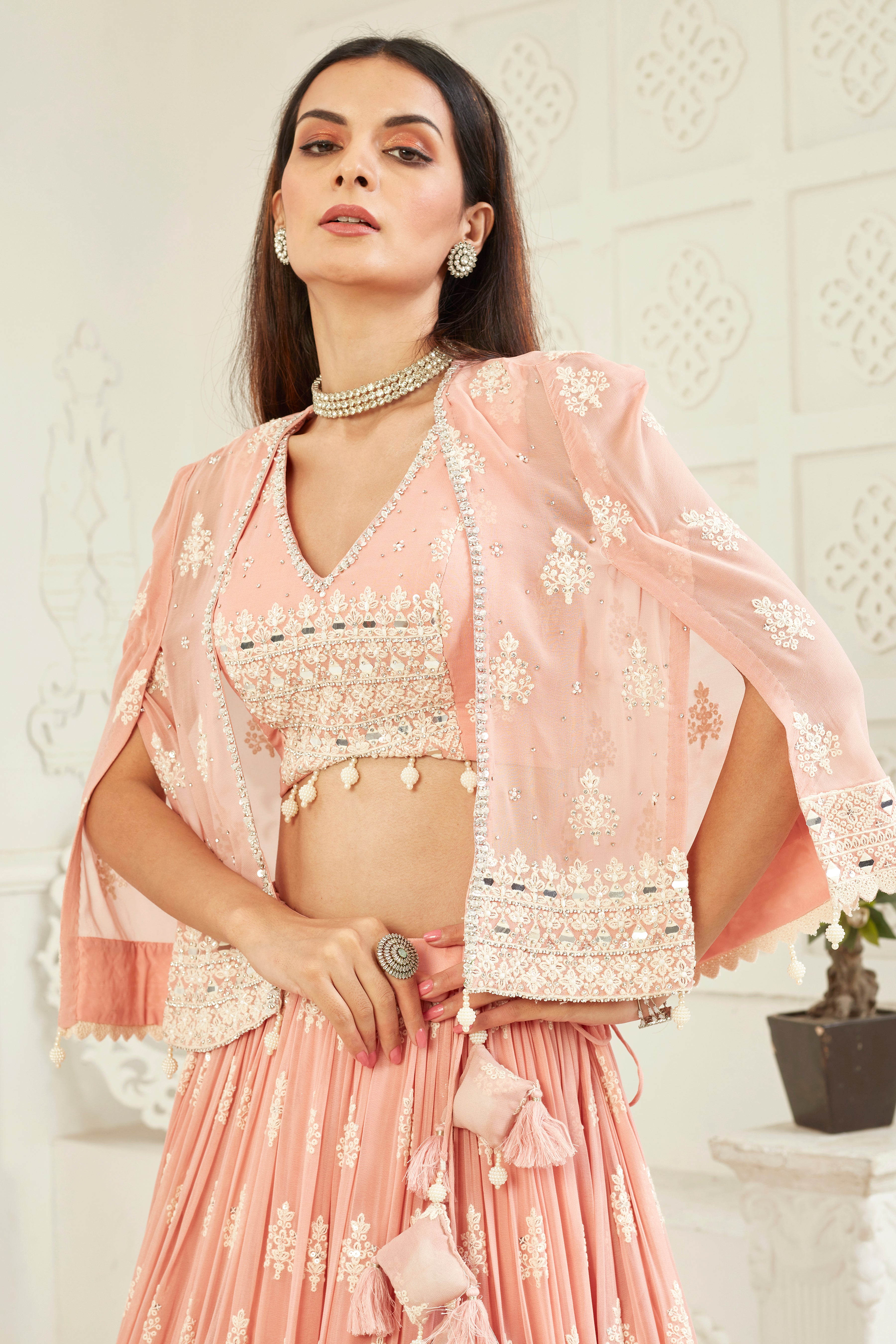 Pastel Pink Handwork Georgette Silk Lehenga Set