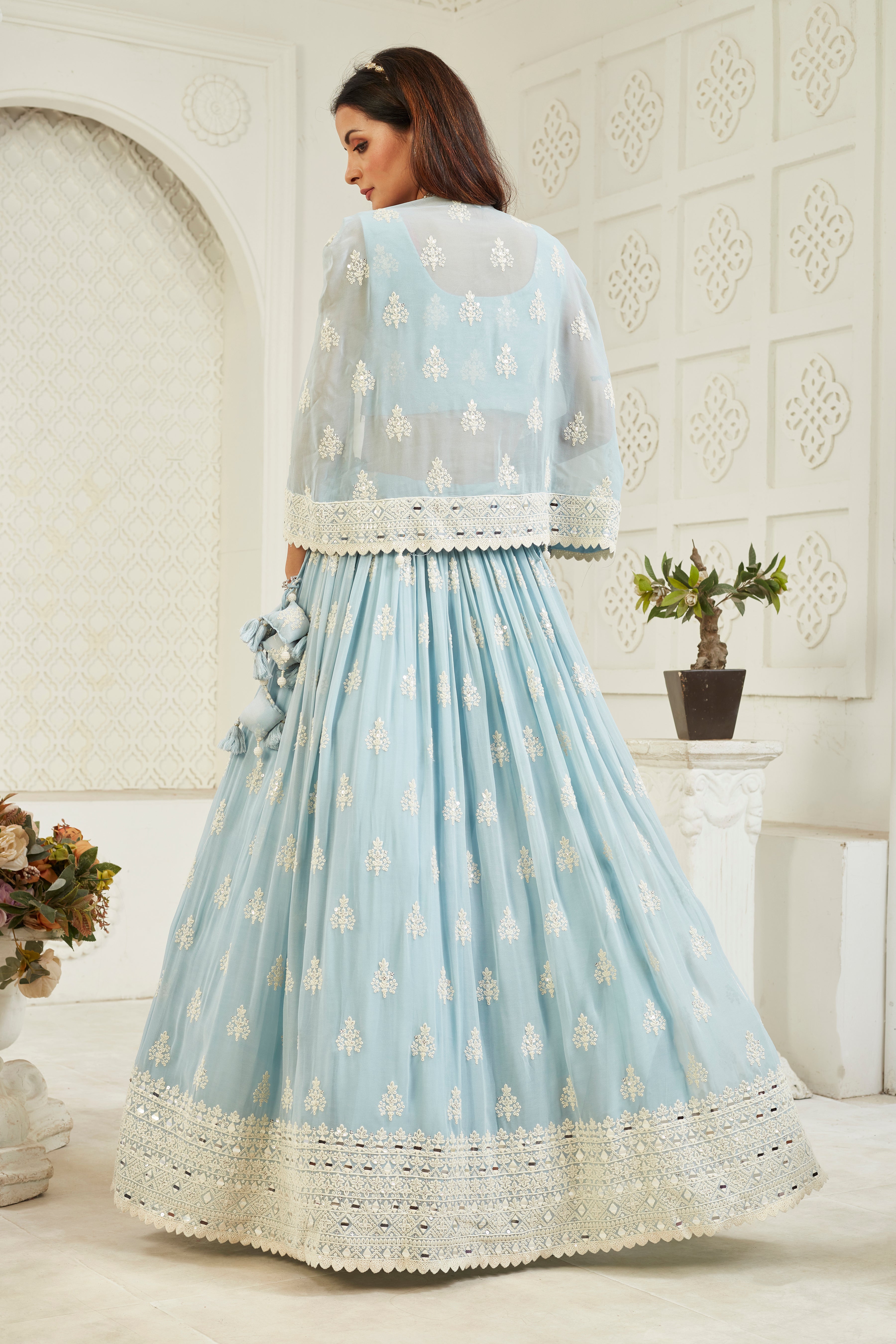 Pastel Blue Handwork Georgette Silk Lehenga Set