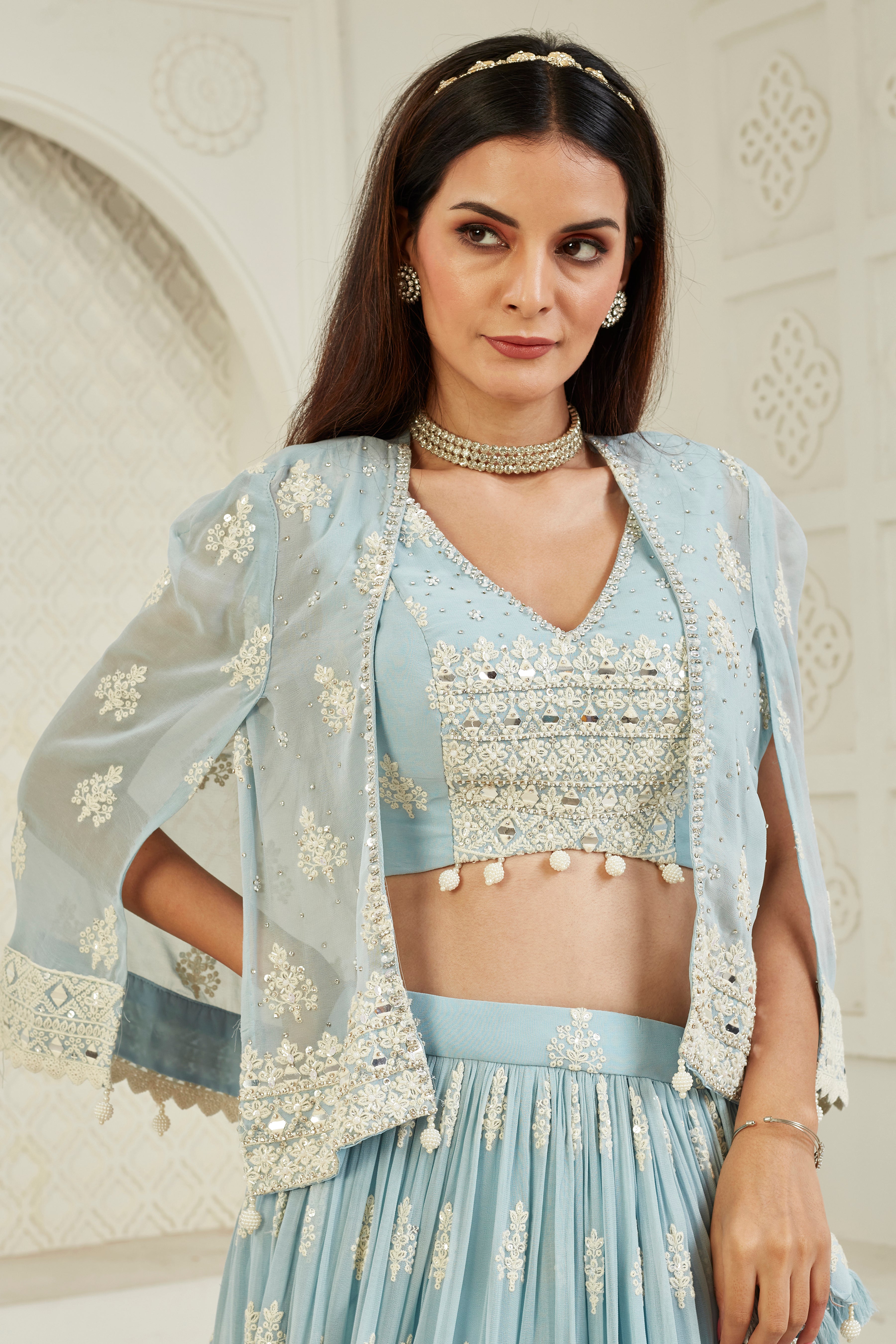 Pastel Blue Handwork Georgette Silk Lehenga Set