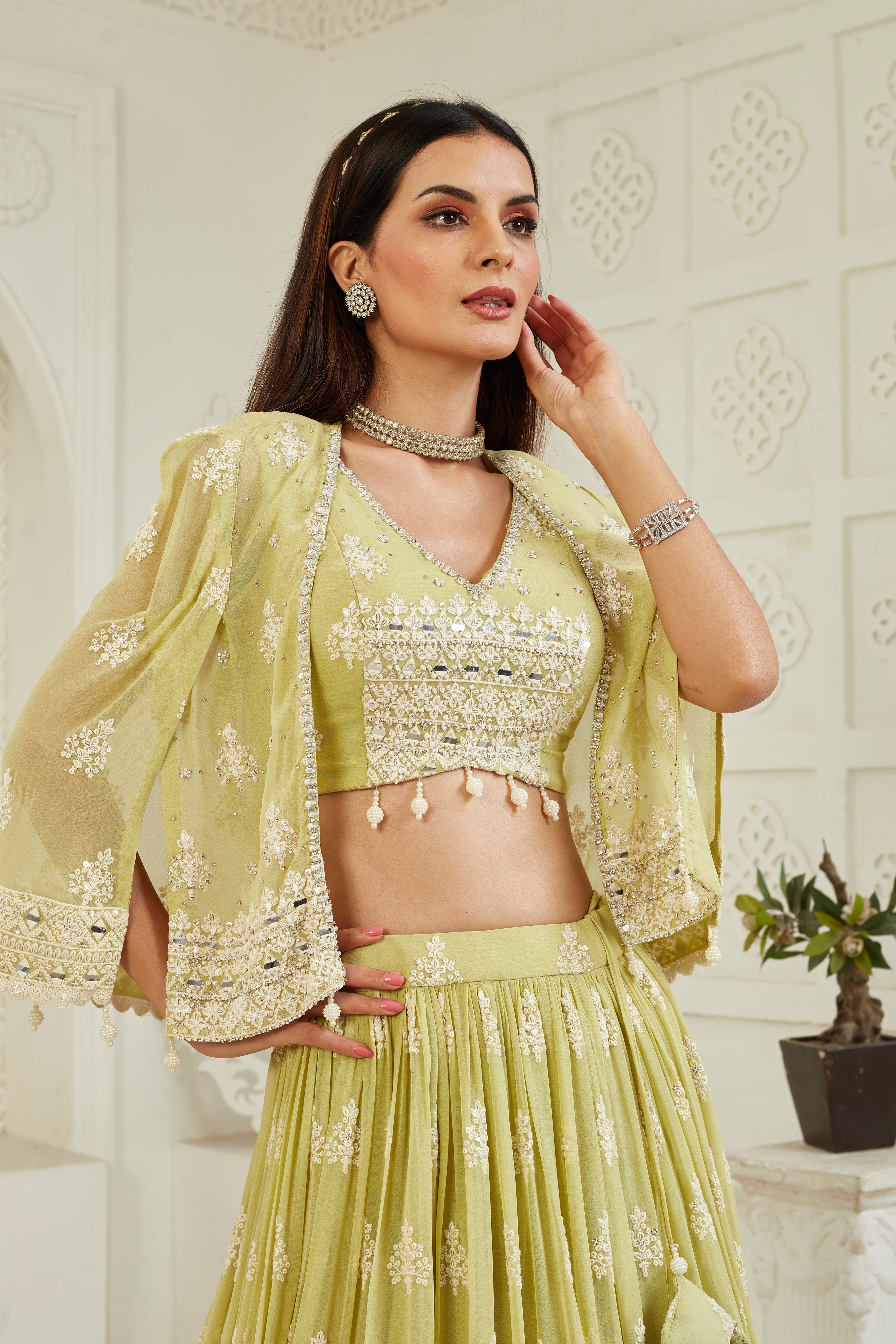 Pastel Green Handwork Georgette Silk Lehenga Set
