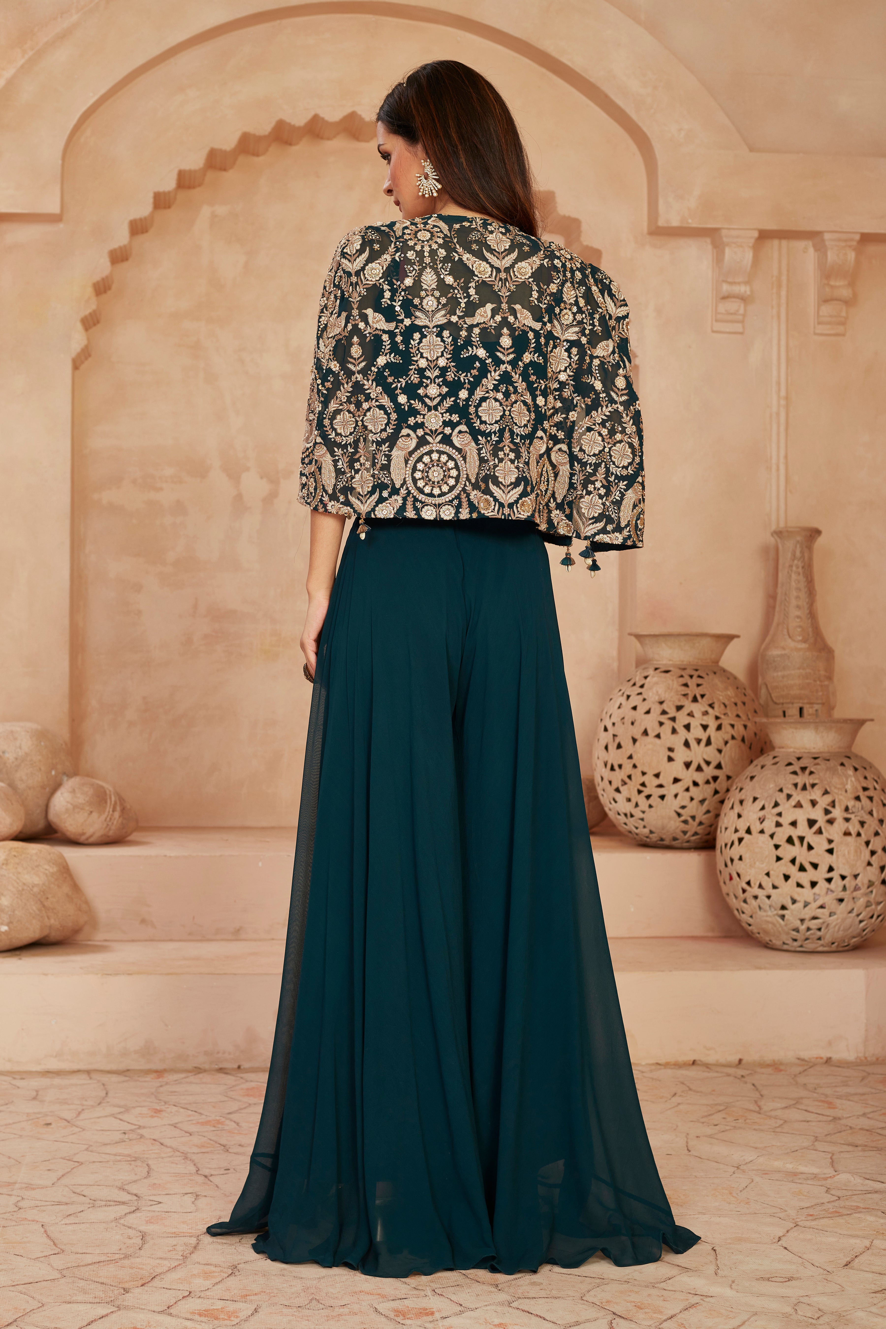 Teal Embellished Georgette Silk Cape Set